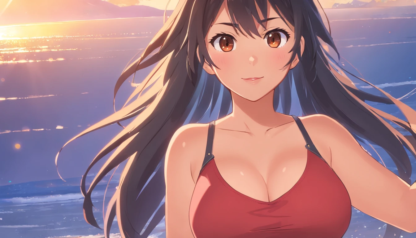 Voluptuous, curvy Mexican woman with long black hair and messy bangs, brown skin, brown eyes, full red lips. Wearing a red tank top, and a black skirt. Heavier and curvy woman. Heavy ?????????????, ?????? outline, curvy and large ???? and ????. Blushing sadistically. Half-opened eyes, smug smile, blushing.