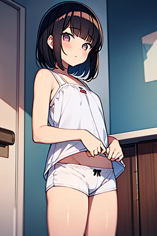 １0 year old girl、A dark-haired、short-cut、bashfulness、Wearing white underwear、Camisole、(very large cotton shorts):1.5、Bite、Standing、low angles、in a house、(diaper):1.5