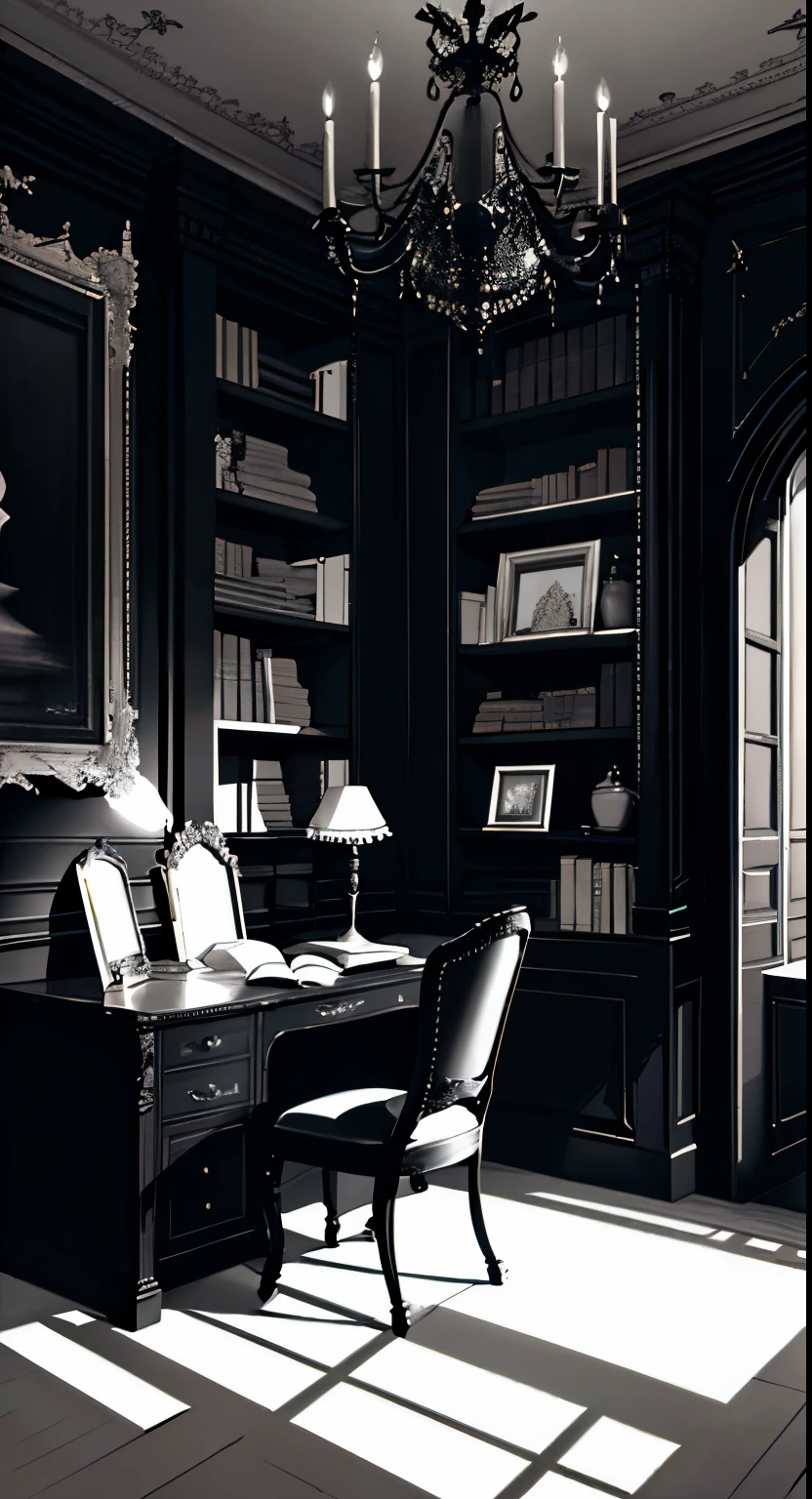 there is a desk with a chair in the room, theres no window light, and theres no painting, dark classic interior with bookshelf walls and books filling those bookshelves, black furniture, elegant study, heavy vignette!, harmony black room, warmly lit posh study, room of a dark mansion, dark interior, pitch black room, black color scheme, dark vignette, dark deco, black lacquer, gothic mansion room, black walls