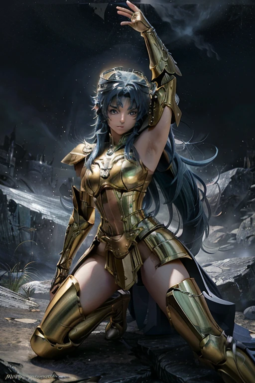 Ultra-high saturation (Gemini Armor) foto de corpo inteiro, (melhor qualidade,(1 cinta),Starryskyfundo,big tits, Usando armadura dourada brilhante,Armadura tipo bikini sexy,Exponha seu peito,Expor a cintura,expondo coxas,Cool-pose, Armadura de Saint Seiya, hair messy,alto detalhe, estilo anime, Cinematic lighting, brilho, deus luz, Traching de raias, filmgrain, hiper HD, textura, super detalhamento, anatomia correta, A high resolution,Ultra-high saturation,alto contraste,Armadura de alto brilho,Pele lisa,serious expressions