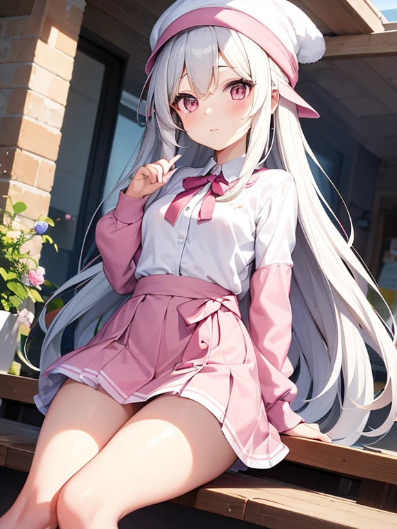 The woman has long white hair down to her waist, wears a cute pink hat, wears pink casual clothes and wears a fairly small skirt with white socks covering her legs up to her thighs,