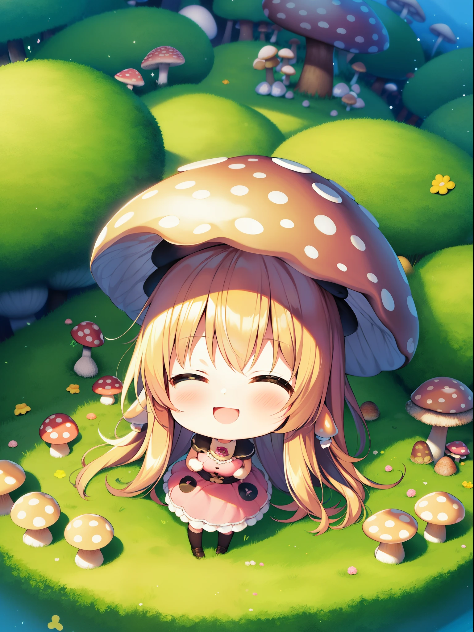 Kawaii Style, Chibi Girl, Cute, Big smile, Soft color palette, mushrooms, mushrooms + mushrooms + mushrooms + mushrooms + mushrooms, Mushrooms on the head, In the sunny forest, landscape