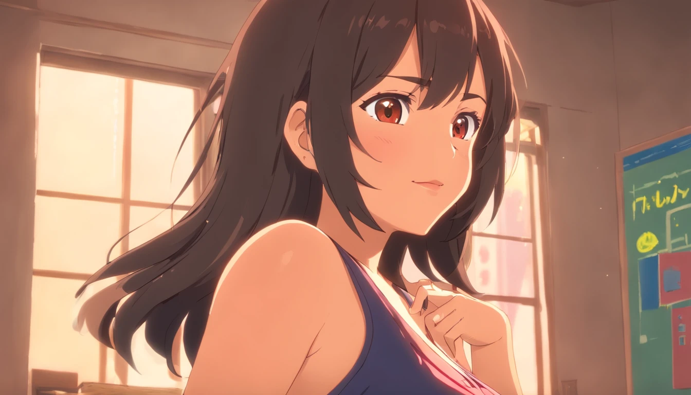 Voluptuous, curvy Mexican woman with long black hair and messy bangs, brown skin, brown eyes, full red lips. Wearing a red tank top, and a black skirt. Heavier and curvy woman. Heavy large breasts, nipple outline, curvy and large hips and butt. Blushing sadistically. Half-opened eyes, smug smile, blushing. Older woman. Promiscuous, seductive.