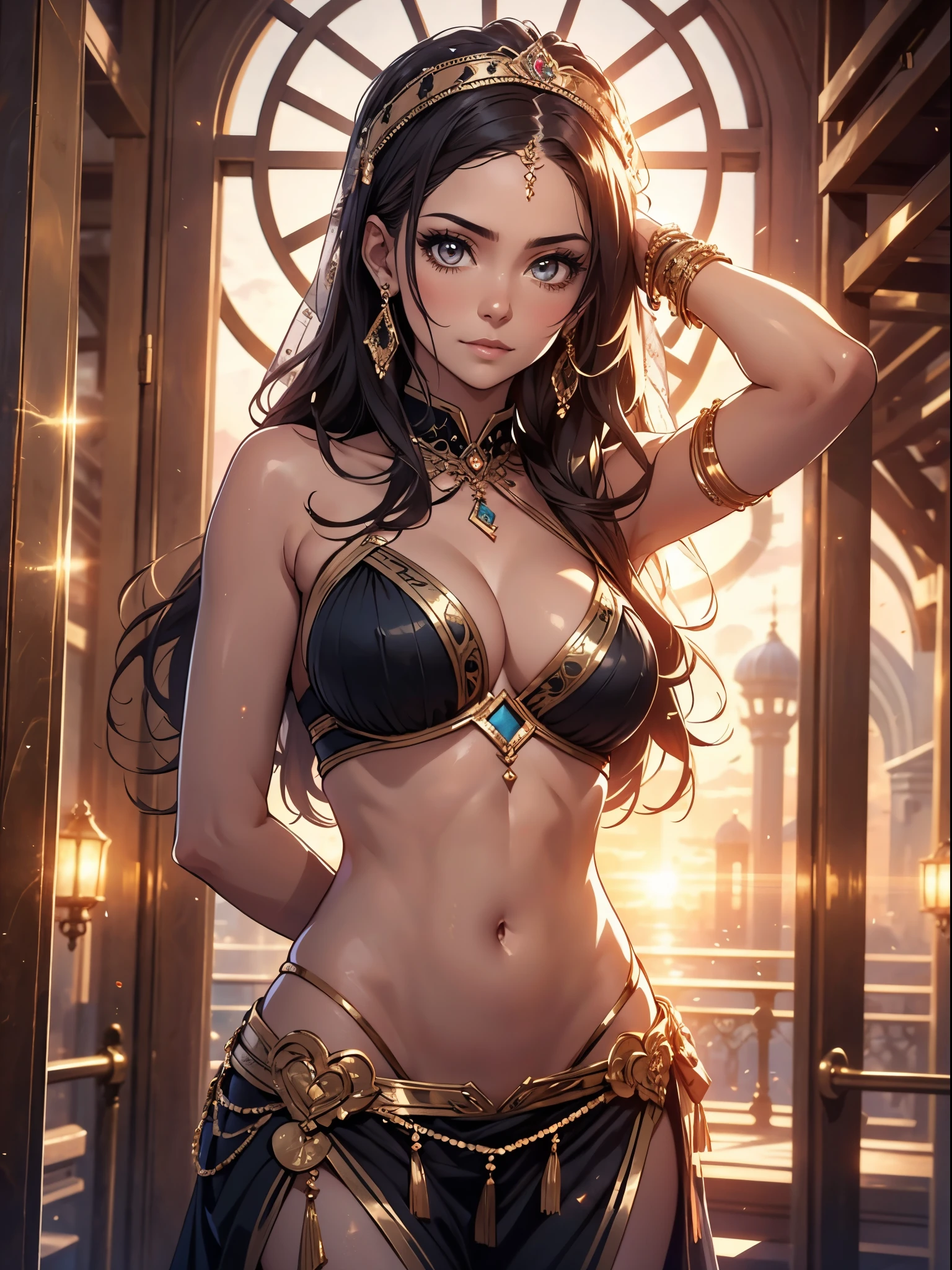 (​masterpiece), (top-quality), sunset, natural lights, ,(realistic:1.5), Stunningly beautiful dancer, bellydancer, oriental_theme, byzantine, harem, curvaceous, bellydancer_outfit, veil, bangles, jewelry,long_dark hair, tanned, wearing a bellydancer_costume, cleavage, sexy, sensual, hazel eyes, smiling, sexy pose, athletic, looking at viewer, eye contact, toned midriff, stunningly beautiful 20 years old bellydancer, sunset, detailed oriental medieval harem in background, indoor, luxury, dynamic pose, action pose,alluring, seductive_pose, natural lights, cleavage, athletic body, medium breasts, upper body, mid shot, masterpiece, detailed, mature, bright colors, high saturation, stunningly beautiful girl, precise hands, determined expression, serious, courageous, brave, Clear eyes, Shining eyes,, ultra-definition, Top resolution,  soft lightning