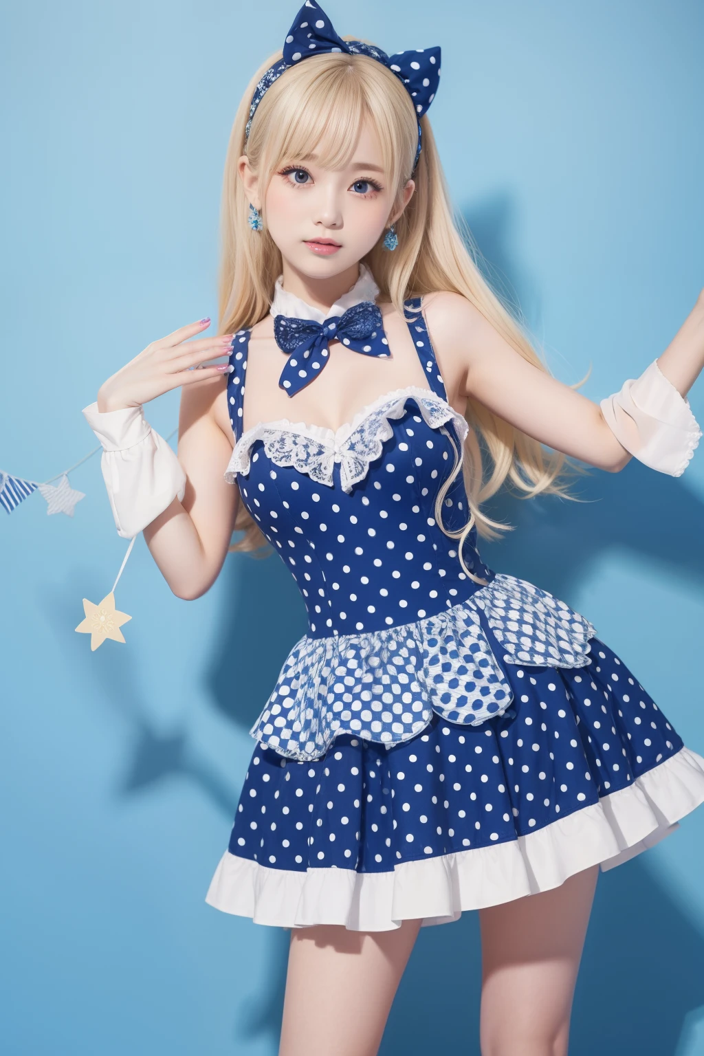 female idol、full body Esbian、minidress（Colorful polka dots on blue and background）、、Blonde Long、fairytale、