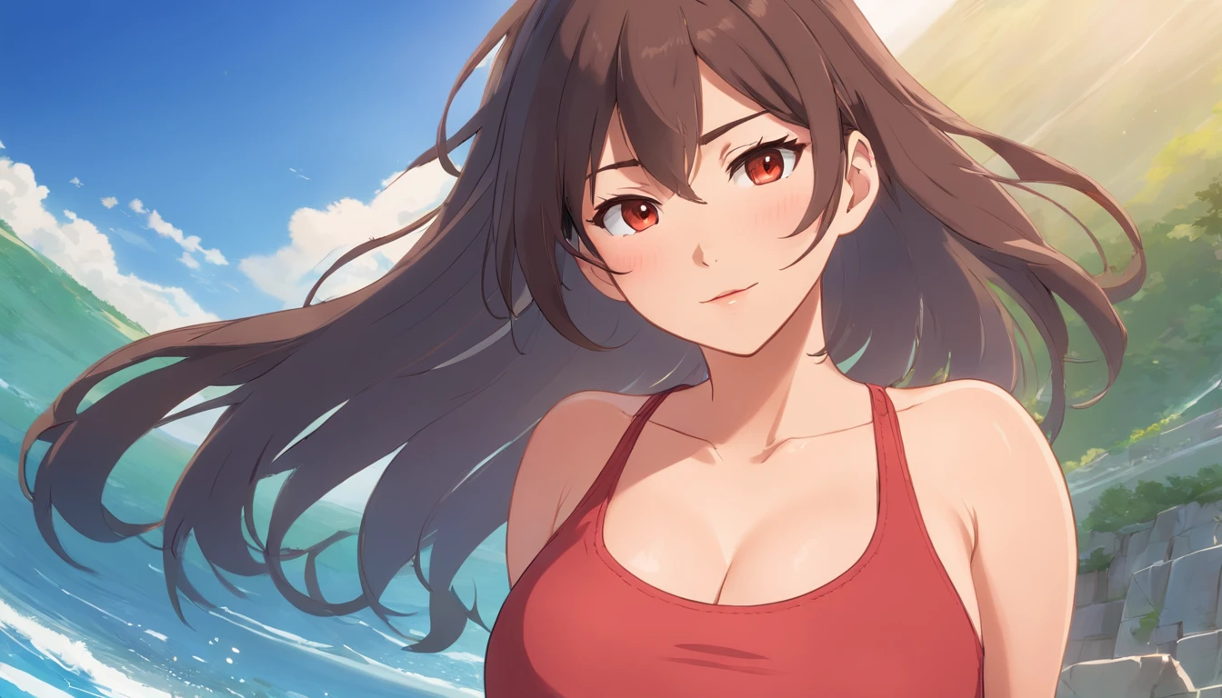 masterpiece,Best Quality,top-quality, {{{1 woman}}},Agnes Tachyon\Umamusume,{{{short-hair}}},{{{horse ear}}},Brown hair,{{{de pele branca}}}, red blush,Nasty face,A slight smil,Red eyes,Five Fingers,bare clavicle,{{Normal breasts}},black bikinis,Short denim for the lower body,plein air,{{{the beach}}},Bold poses,My skin is very wet.,My skin is very wet.