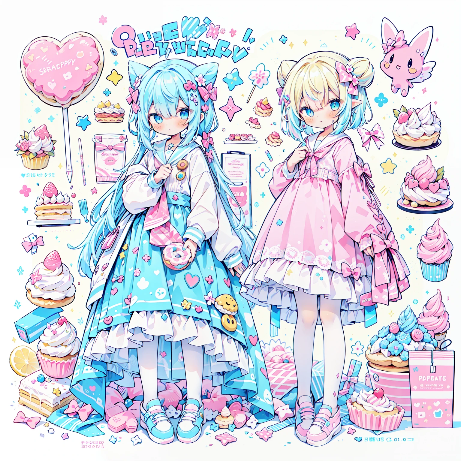 1girl in, pastel dimmed colors, (Yellow color palette.:1.2, Blue:1.2, Pink:1.2), (Blue hair bun and blonde), Sitting on a throne of sweets and pastries, For example, Donuts, splash, candy, Lollipop, Lollipop cane, a cake, cupcake, Cake Pop, Ruffles and lace, polka dot, Long bat ears