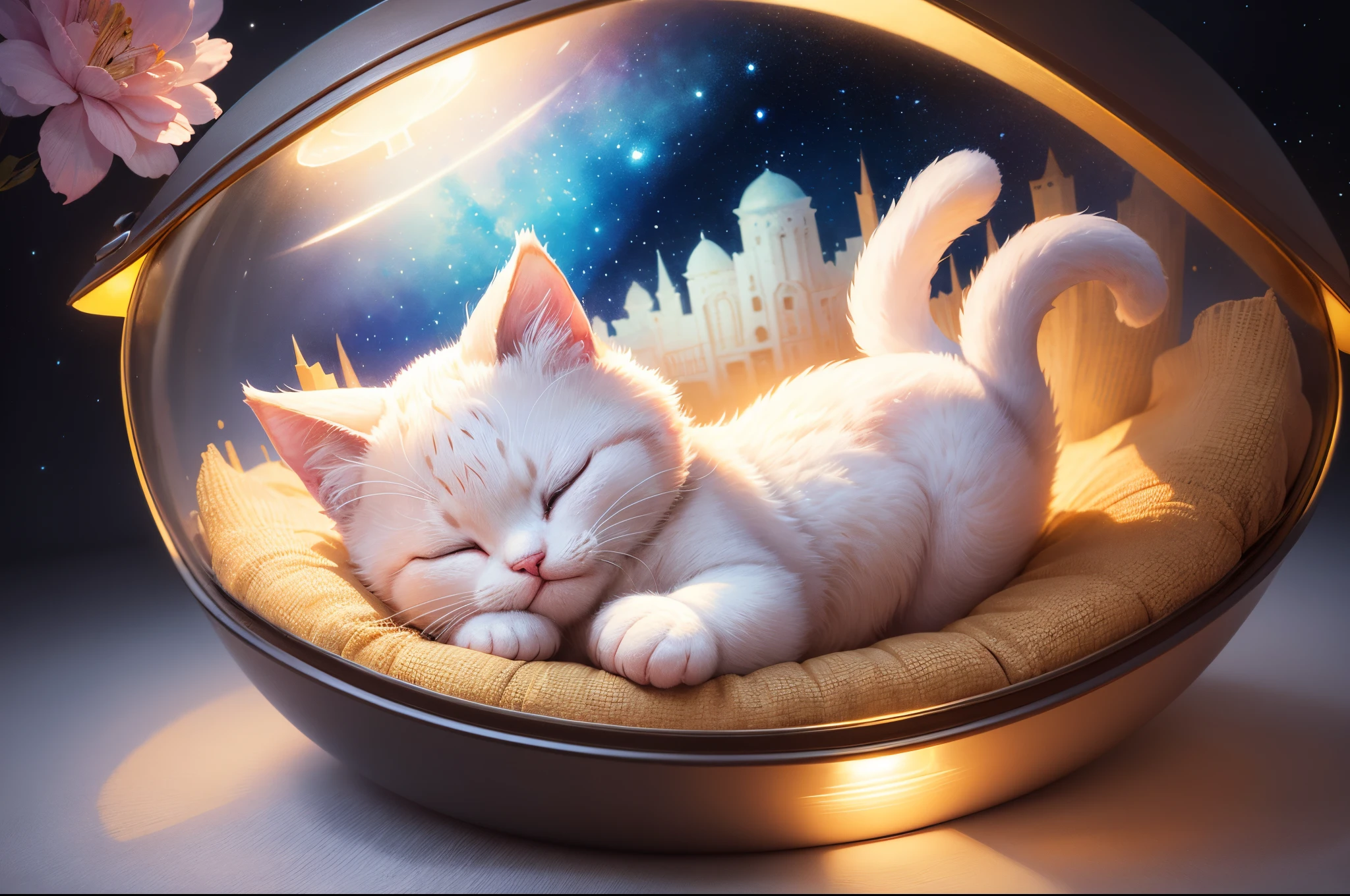 (absurderes、hightquality、8K、Ultra HD、full body Esbian)、Cute baby cat is sleeping happily inside a spaceship、Looks good、kawaii、intricate and detailed watercolor painting、Digital Painting、Fantasia
