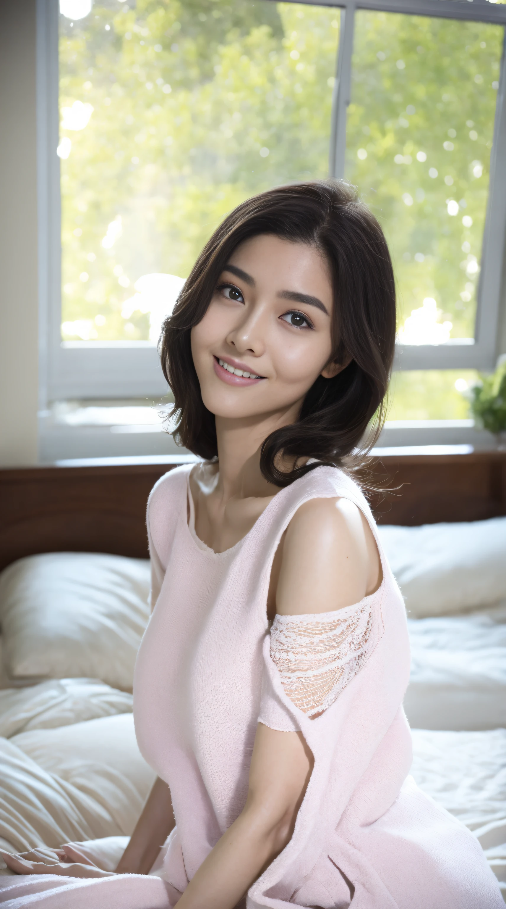 A fashion model，18yr old， [[[[boobgasm]]], [[[[climaxing]]]], [[[[coll]]]], [[[[bshoulders]]]], perfect  eyes, Perfect iris，perfect lips，perfect teeth，Perfect Skin，with fair skin，HighDynamicRange，Movie Girl，(delicated face)，(Highly defined faces)，（Raised sexy），White openwork lace underwear，In the background is the bedroom，Beds，Green trees outside the window，fresh flowers，4K Ultra HD, 超高分辨率, (realistically: 1.4), Best quality，tmasterpiece，（pastel colour：1.2）
