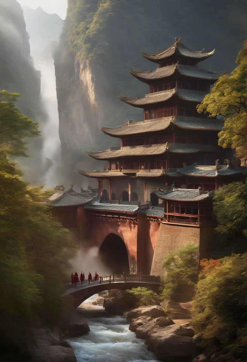 Chinese classical bow and arrow,An ancient city built on a mountain,majestic architecture,Realistic fantasy,Gorgeous building,Path through mountain rapids creates a stunning walking experience