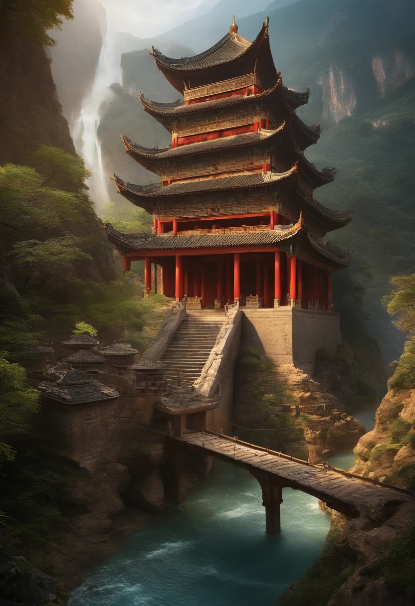 Chinese style,chinese landscape with a waterfall, trees and bushes, temple in the mountains, arched doorways, Towering mountains, Cloud surround, ethereal and otherworldly atmosphere, dragoncore， CG, Cloudy day, dark indigo and gray