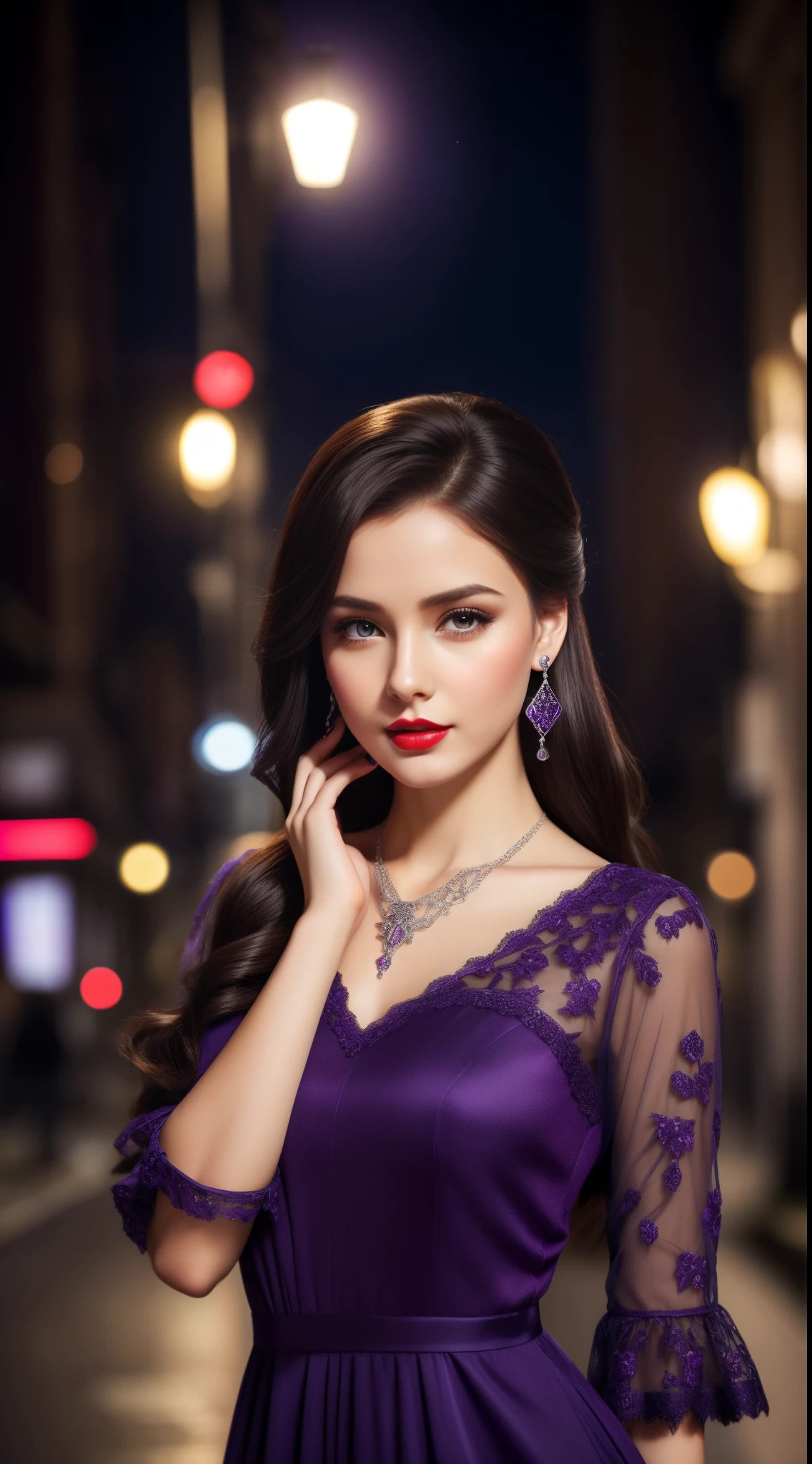 a beautiful "short height girl" full-body view in 9:16 ratio, wearing a EMBELLISHED purple lace dress with puffed sleeves, depth of field, night photography, professional photography, high contrast, long brunette hair, silver love pendant necklace, ((red lips)), she looks very elegant and charmingly beautiful with a little sexiness, lovely, ((ultra realistic)), natural facial expression, soft and natural make up, purple elegant earrings, ((red long nails)), in a street , looks to the camera, high heels,. unreal engine