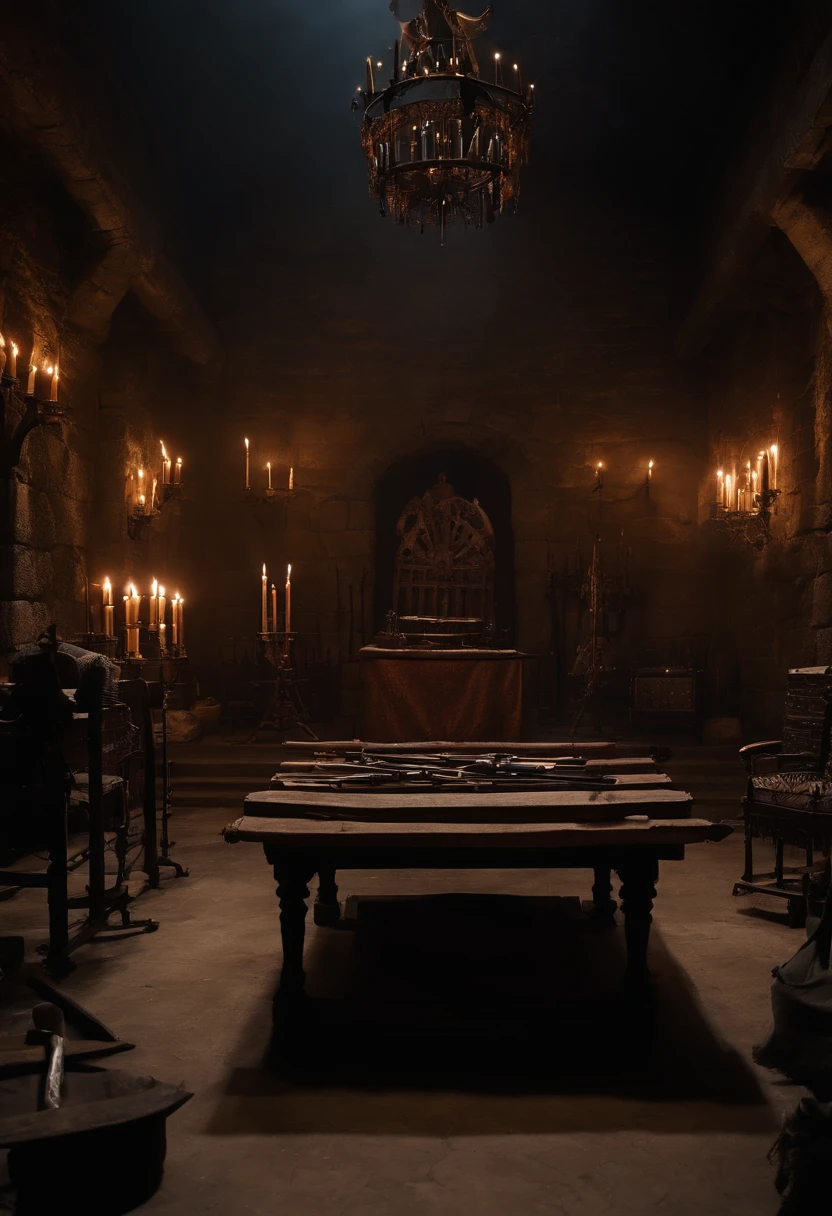 A photo of a dark and ominous torture chamber with various menacing instruments scattered around.,Game of Thrones TV series,Ramsay has shaggy brown hair and cold grey eyes, dressed in medieval winter attire. Famously portrayed by Iwan Rheon