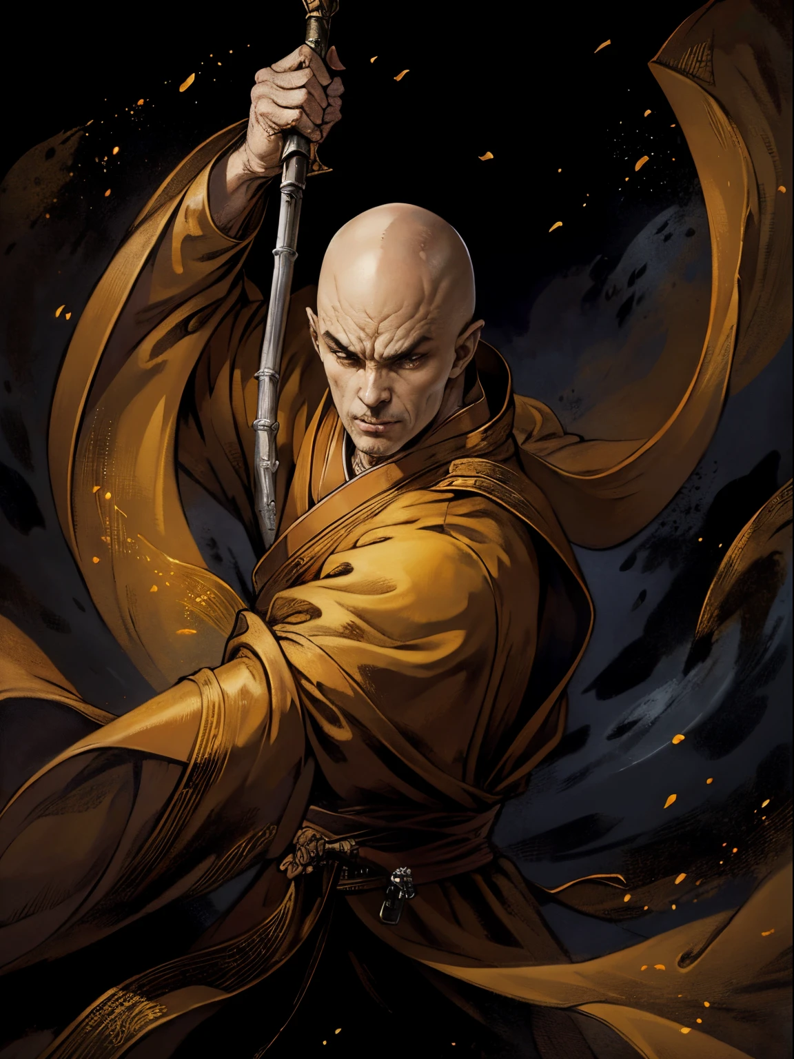 man,Fierce and evil,Bald monk,ferocious,Long whip in hand,Gray-yellow monk robe（Best Picture Quality，4K，A high resolution：1.2），hyper-detailing，realistically）super detailing，highly details，Chinese Ancient Times，ancient wind