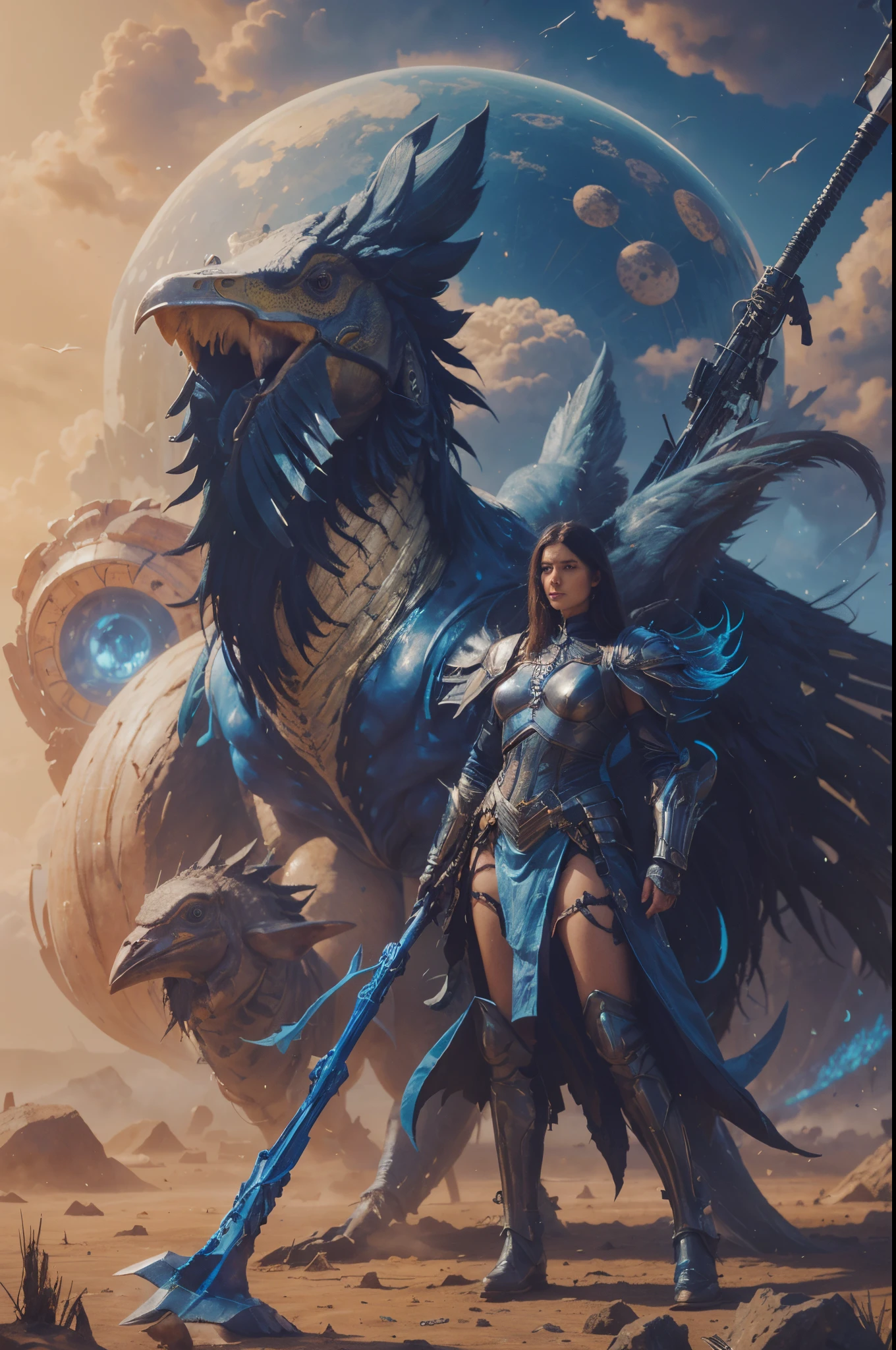 A beautiful alian woman stands in front of her large flightless bird with an alien worrior's staff and fight regalia armor, 36k resolution, hyperdetailed, photorealistic, sci-fi art style.