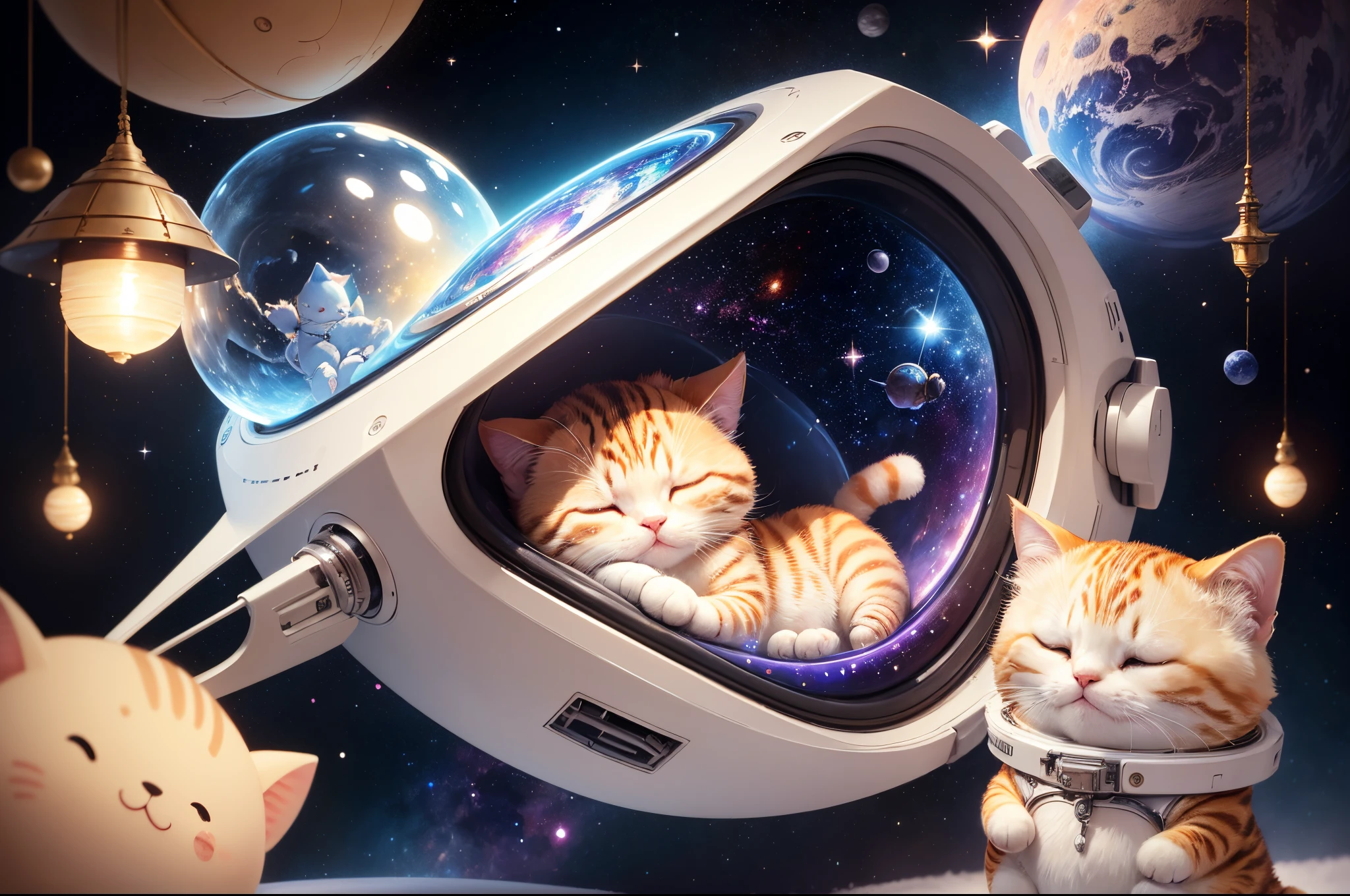 (absurderes、hightquality、8K、Ultra HD、full body Esbian)、Cute baby cat is sleeping happily inside a spaceship、In outer space、Looks good、kawaii、intricate and detailed watercolor painting、Digital Painting、Fantasia