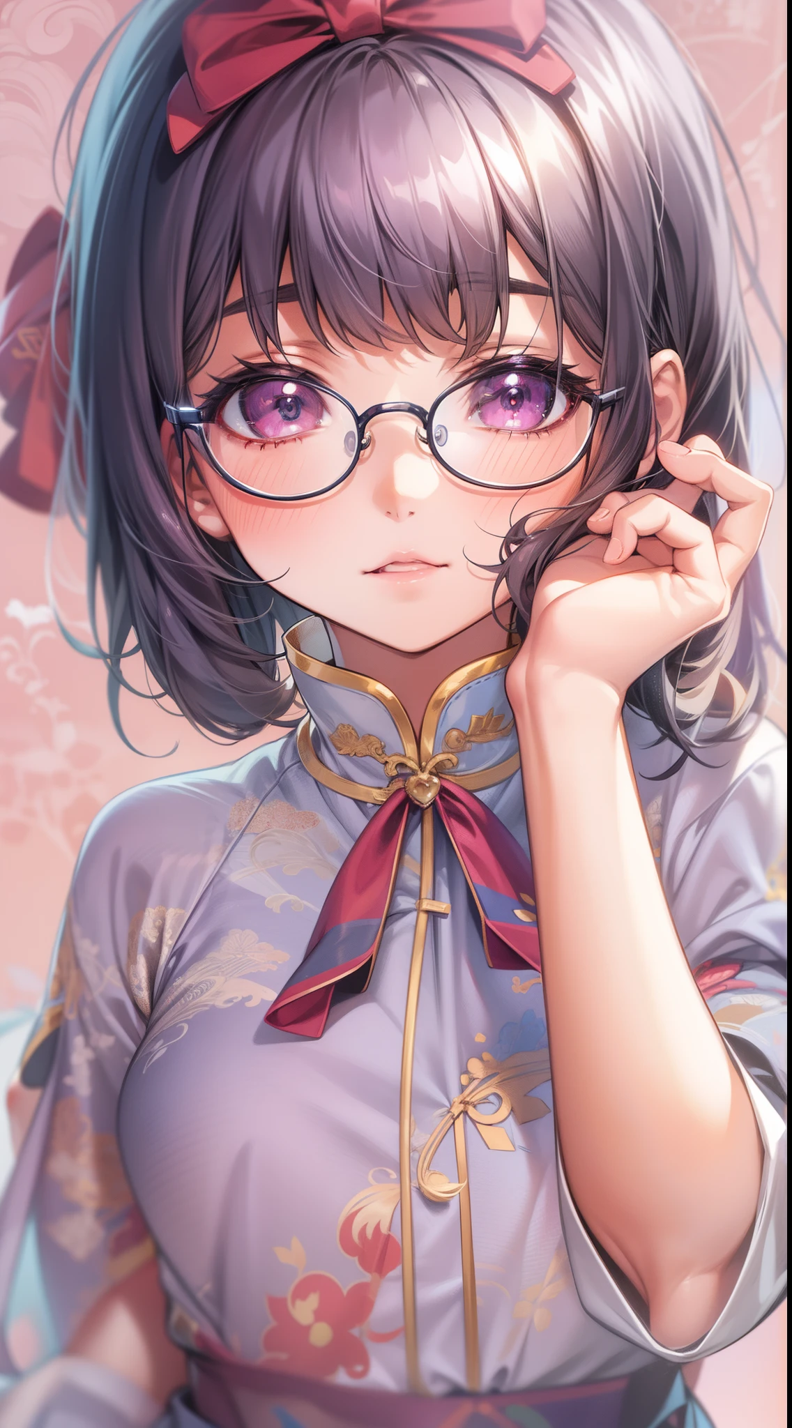 Anime - A woman in a silk cheongsam and glasses takes a photo, small curvy , a hyperrealistic schoolgirl, a hyperrealistic schoolgirl, Loliring a silk cheongsam, Cute anime wife wearing a nice cheongsam, Smooth Anime CG Art, anime highly detailed, Seductive Anime Girl, with glasses, photorealistic anime girl render, Detailed Digital Anime Art