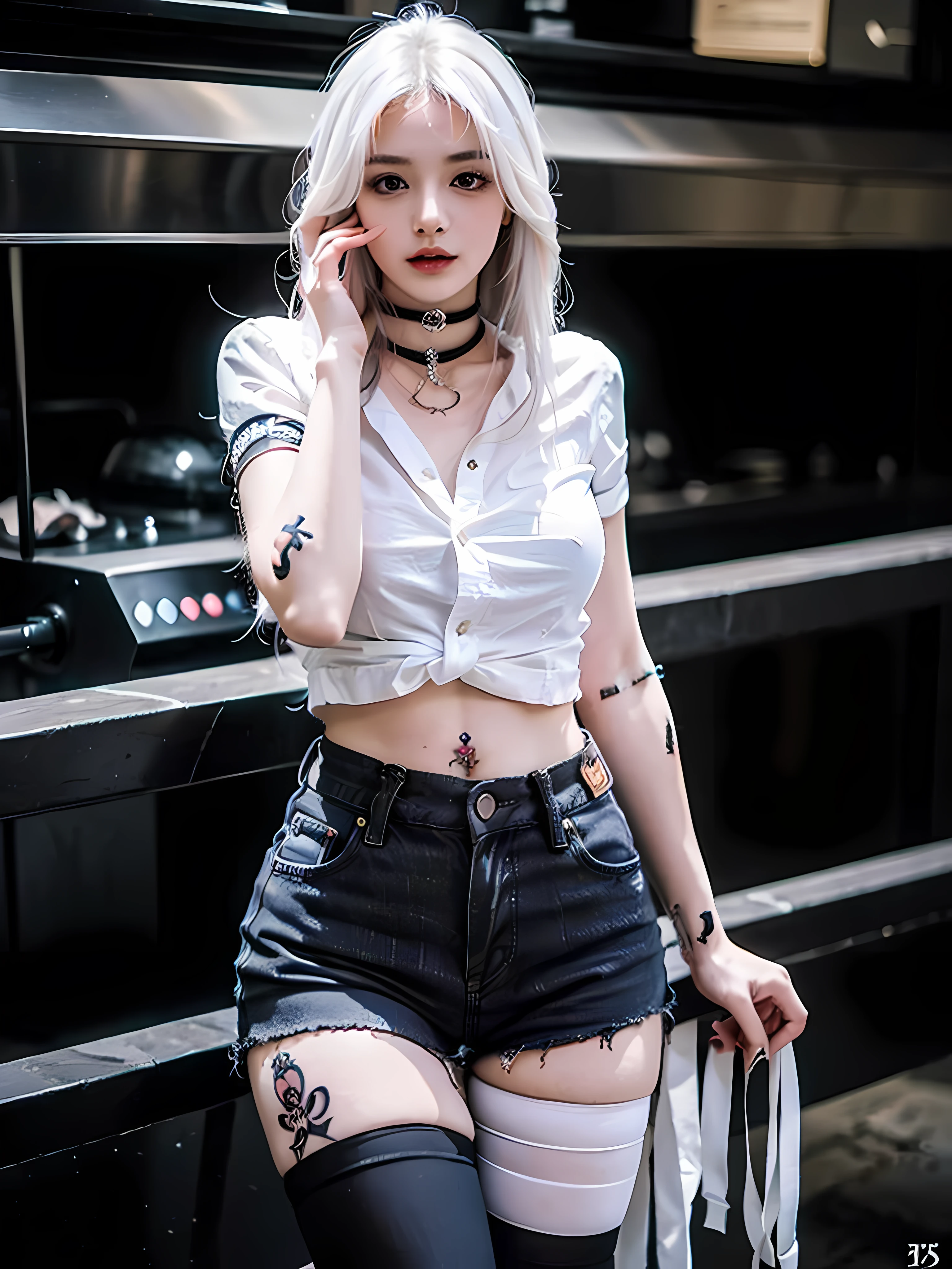 (masterpiece:1.2), high quality, detailed eyes, extremely beautiful young female, (long white hair:1.3), (long formal shirt and black jean shorts and stockings:1.3), thicc, (sexy pose:1.3), (bloom:1.2), (choker:1.3), (thigh sex:1.4), (navel piercing:1.3), (thigh tattoo:1.3)