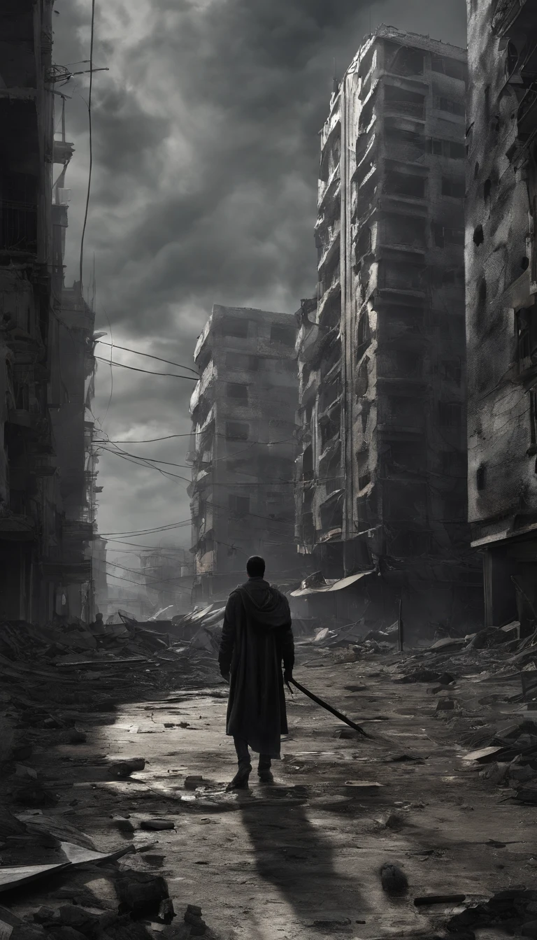 Black screen , dark cloude, Black sky,4K,of a real,Once prosperous Gaza is now in ruins, High-rise buildings were engulfed in fire ,The streets are littered with car wreckage, As well as rubble from collapsed buildings , Urban destruction, Sad , A boy with, schoo homeless boy ,sad , realengine