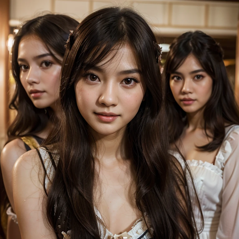 (best quality,highres), 3 thai girls ,woman with long hair, young, lolita style, vibrant colors, brown hair and black eyes, porcelain skin, expressive eyes, playful smile, alluring charm, vintage fashion, dreamy atmosphere, soft lighting, intricate details, random sexy pose