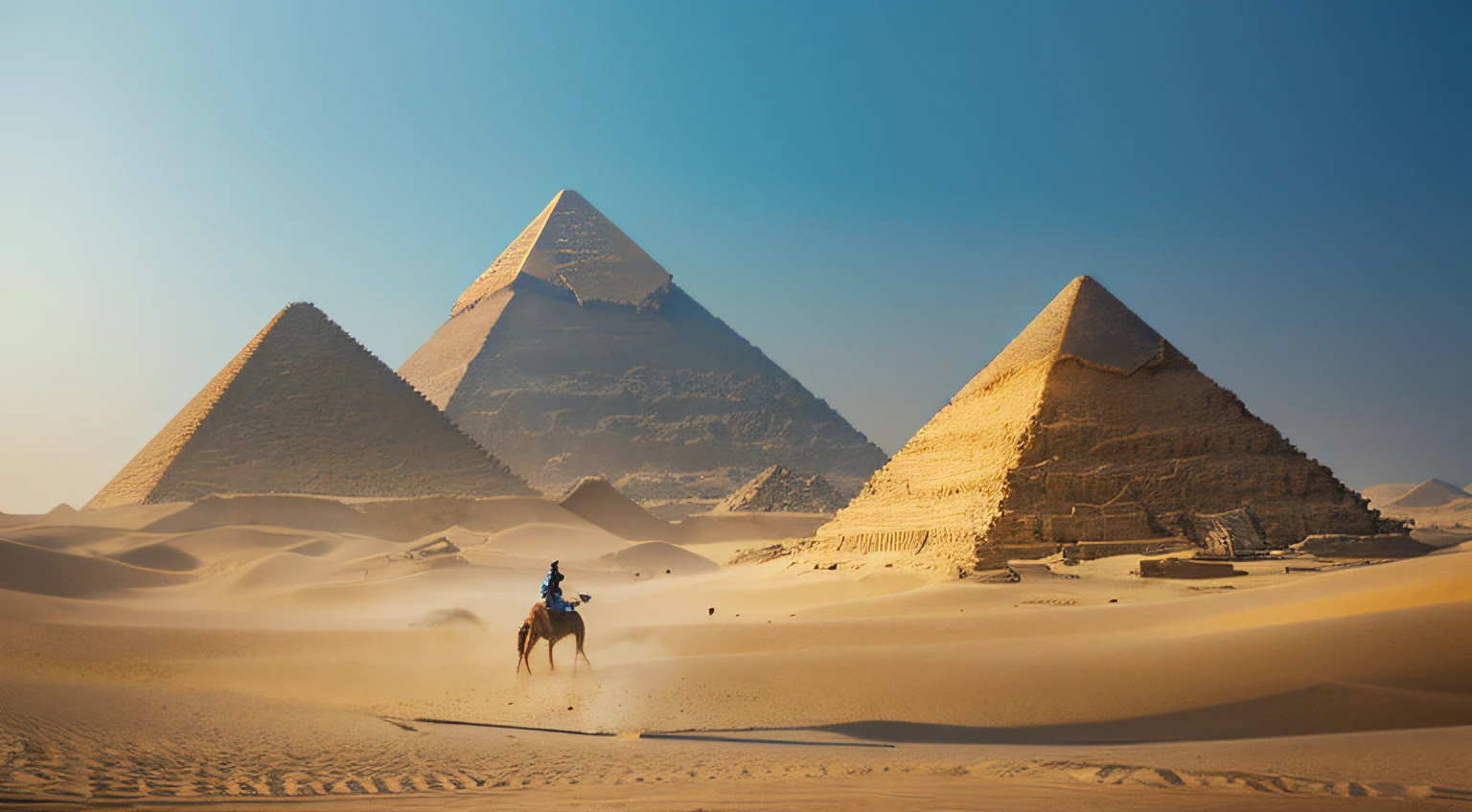 Painting of a man riding a horse in the desert,The background is the pyramid, symmetric matte painting, dramatic concept art, pyramid, Pyramids in the desert, Inspired by Raphael Crocodile, matte sharp painting, golden pyramids, Mysterious sci-fi concept art, symmetrical epic fantasy art, pyramids in background, Majestic matte painting, Delicate matte painting, matte painting ”