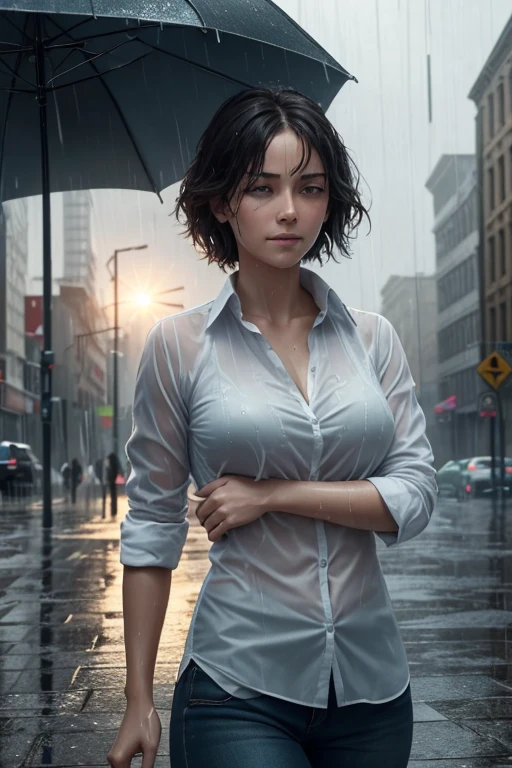 Photorealistic , Realism , 8K , 1.4 Official art，ultra - detailed , Best Quality,(heavy rain falls on the street) ,Green Cold Calculated Lookeye , not smiling , dense short、Smooth hair that is not attached ,Average Height ,Well-proportioned body , athletic and toned , Wearing a wet shirt that hugs the contours of your body , water droplets shine, Increased fabric clarity, Looking at the sky , Wet , Close your eyes and let the water droplets reach your face , Looking Up