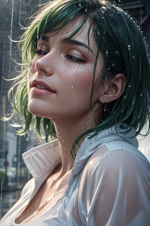 Photorealistic , Realism , 8K , 1.4 Official art，ultra - detailed , Best Quality,(heavy rain falls on the street) ,Green Cold Calculated Lookeye , not smiling , dense short、Smooth hair that is not attached ,Average Height ,Well-proportioned body , athletic and toned , Wearing a wet shirt that hugs the contours of your body , water droplets shine, Increased fabric clarity, Looking at the sky , Wet , Close your eyes and let the water droplets reach your face , Looking Up