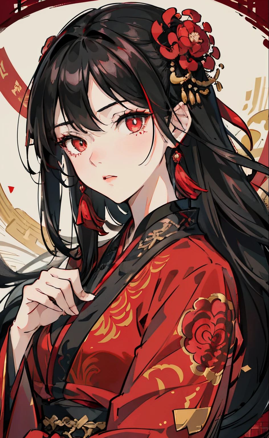 Mature girl, black hair, floating hair, delicate eyes, red pupils, heroine, black and red antique damask hanfu, FOV, f1.8, masterpiece, complex scene, gorgeous portrait shot