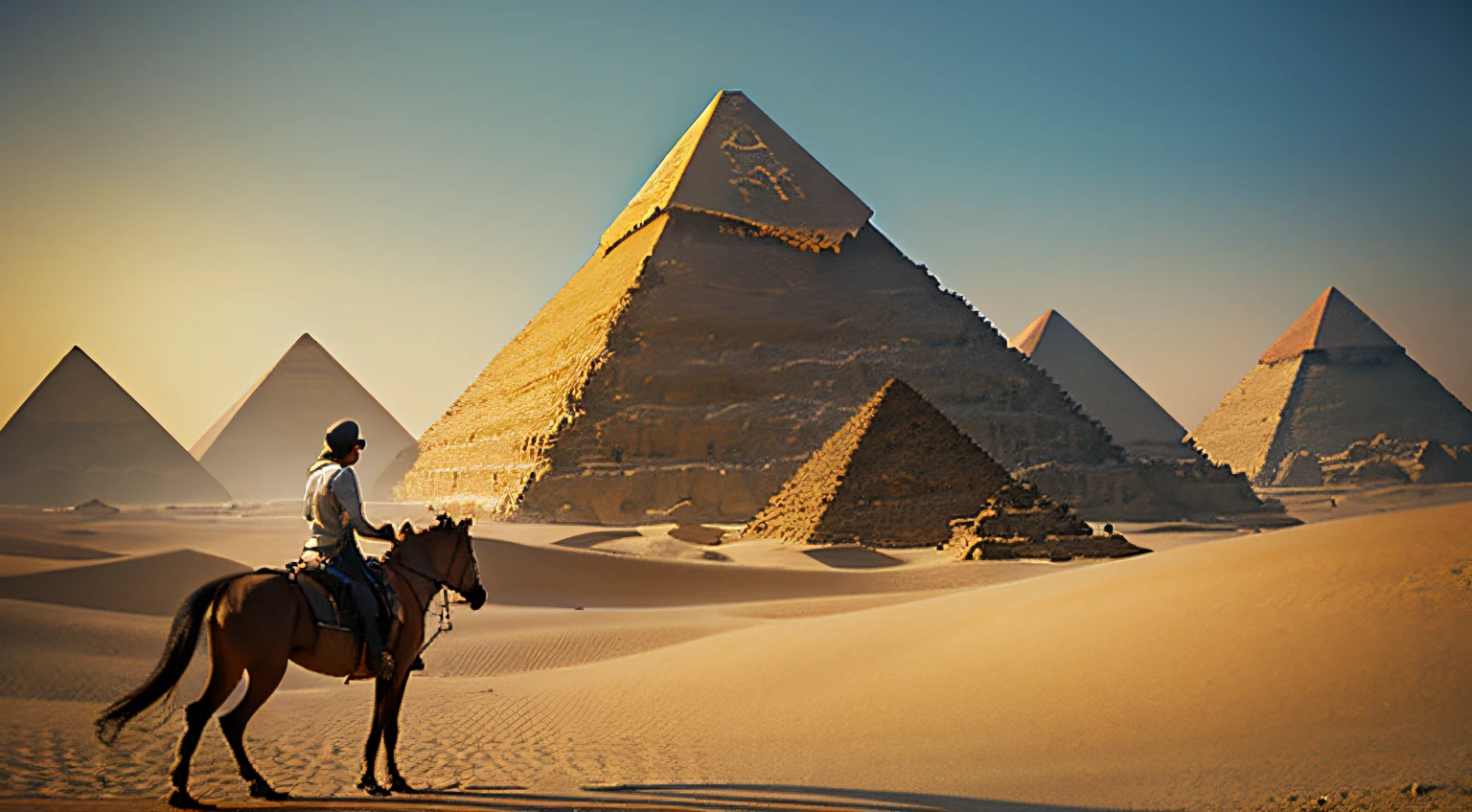 Painting of a man riding a horse in the desert，The background is the pyramid, symmetric matte painting, dramatic concept art, pyramid, Pyramids in the desert, Inspired by Raphael Crocodile, matte sharp painting, golden pyramids, Mysterious sci-fi concept art, symmetrical epic fantasy art, pyramids in background, Majestic matte painting, Delicate matte painting, matte painting ”