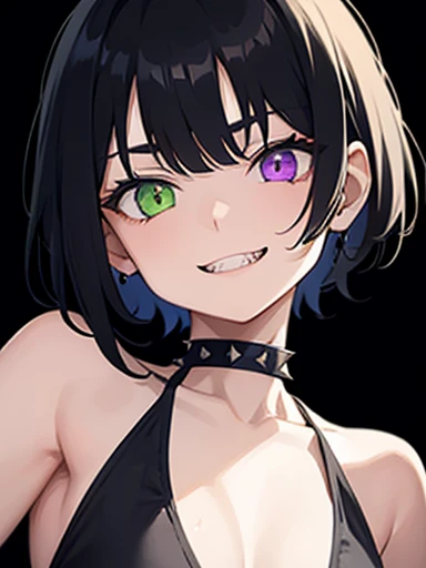 A  girl ,striped,prison uniform ,with heterochromia,The left eye is purple ,first eye green,black bruises under the eyes,black eyelids,eye shadow , smiles maliciously, short spiky hair ,spiky hair, black  hair, very thin,the fang sticks out,sharp teeth,(独奏,one),One in the frame