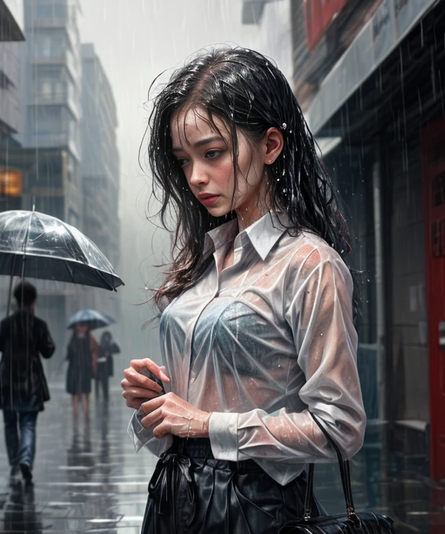 Wet in unexpected rain ::5 Wet shirt clinging to the contours of the body ::Four glittering water droplets, Increased fabric clarity ::3 Surprise and discomfort ::Background of two cities with rain-soaked streets