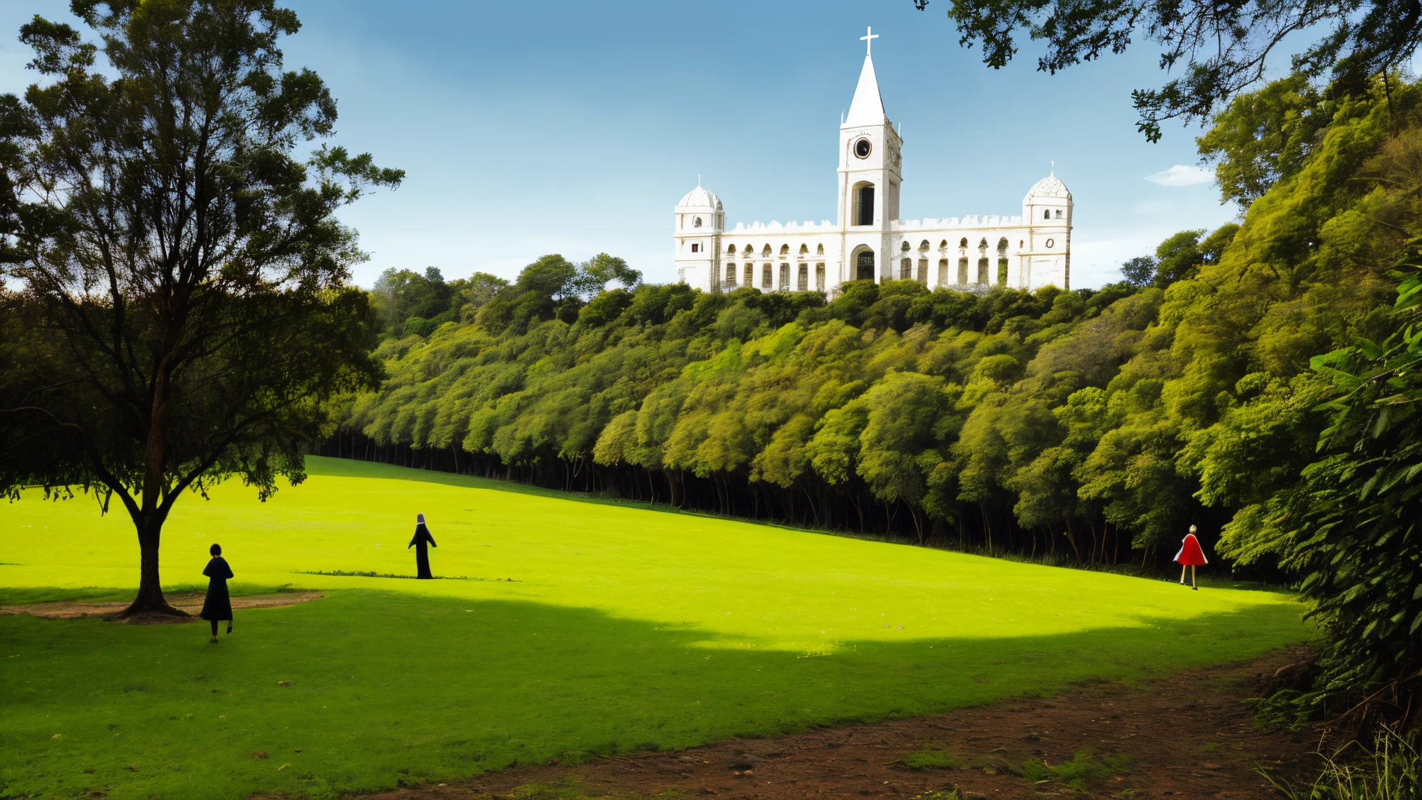 Paisagem com templo de Fortaleza, e jesuscristo com as criancas no jardim