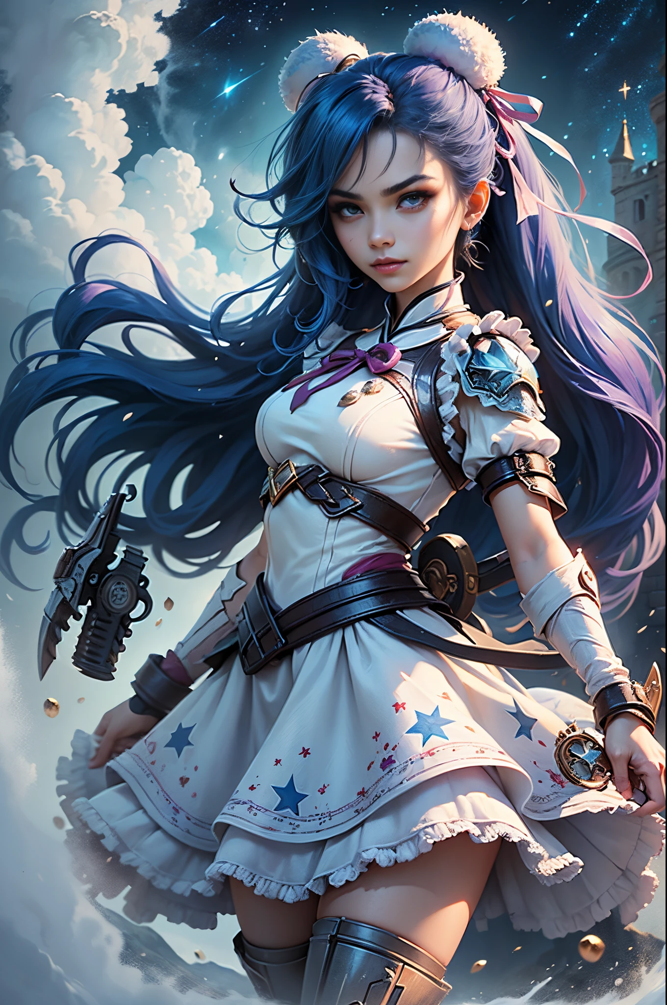 jinxlol, (full bodyesbian, standing on your feet,Legs and shoes are visible: 1.2)), Expressive eyes, 1girl, pale-skinned, long whitr hair, The wind blows hair, ((Ridiculously long hair)), Long side lock, hime bangs, Hairline, hair-bun, ((Very long double ponytail, dark-blue hair,)), Be red in the face, His face was flushed, big shiny lavender eyes, (Gradient eyes), mouth open smile, Cute pose, ((With a revolver: 1.5)) , ((Lovely soft fashion)) , Flowing soft white dress, ((Fantasy white open dress)), (Floating ribbons), lavender ruffles, White frills, (Light blue lace), detached short sleeves, Puffy skirt, ((White star print skirt : 1.3)), ((White ta dress)), Purple bow, ((Pompom ribbon hair ornament : 1.4)), striped lace stockings, (Heart shaped leg garters), (White mechanical armor plastic shoes: 1.2), ((Super detailed clothing and fashion)) , ((looking at you)), League of legends game girl, Be red in the face, (美丽细致的眼睛), (extremely detaild的 CG unified 8k wallpapers), ((Extremely Delicately Beautiful)), (detailedlight), ((depth of fields)) big headed, sparkling big eyes, sprout, Splash ink art, 电影灯光, Frontal view, Volumetriclighting, Maxism, photoillustration, 8k, A high resolution, intricately details, complex critical vision, Precise linearity, ((Against the background of a dreamy soft sky, Surrounded by starry clouds, meteors, castle in the clouds)), ((Ultra detailed scenery, Fog clouds, inner strength : 1.3)), jinx \(league of legends\), ((The picture is very bright,bright,high saturated))