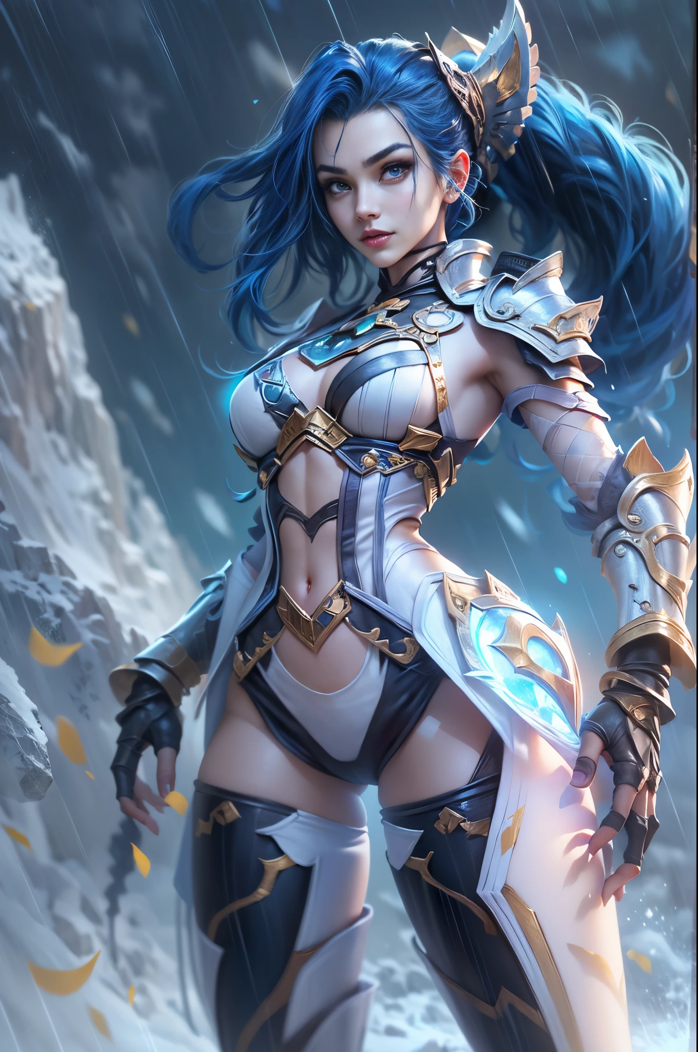 jinxlol, (full bodyesbian, Legs and shoes are visible: 1.2)), jinx \(league of legends\), (1girl、League of Legends Jinx), ((Very long double ponytail, dark-blue hair,)) Kungfu, ((Wearing golden futuristic technology titanium alloy armor: 1.5,head to toe,Crystal heels,standing on your feet)),(Handheld particle laser cannon,Revolver in hand),((Battle Angel White ta Armor)), mouth open smile, Cute pose, striped lace stockings, (Heart shaped leg garters), (White mechanical armor plastic shoes: 1.2), ((Super detailed clothing and fashion)) , ((looking at you)), Aoshu crystal,Attack status,(Snowy mountain woods,surrounded by rain,League of Legends Game World),Illustration style,The whole body is exposed to the rain for a long time,(exquisite facial features,Perfect hand features),martial arts style,(selective focus,full body shot of,tmasterpiece,ultra - detailed,Epic work,highest quality,8k、in a panoramic view、first person perspective、Atmospheric perspective、UHD、tmasterpiece、acurate、anatomy correct、textureskin、high detal、Award-Awarded、best qualtiy)、gaming character、jinxlol