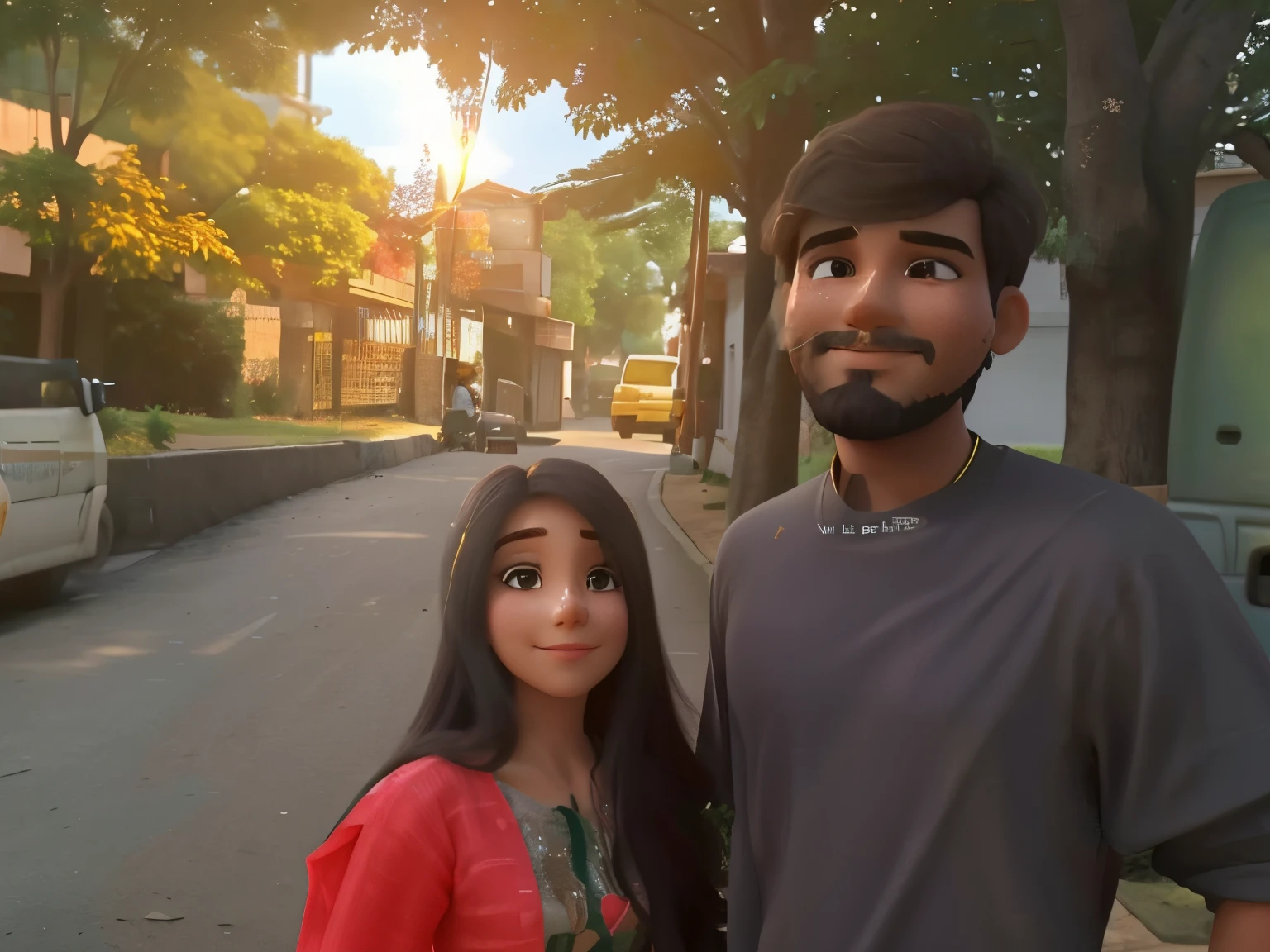 A beautiful girl with pink pakistani shalwar and straight hair and a boy bearded with ash color tshirt smiling, behind if them there are trees and one van gate street view