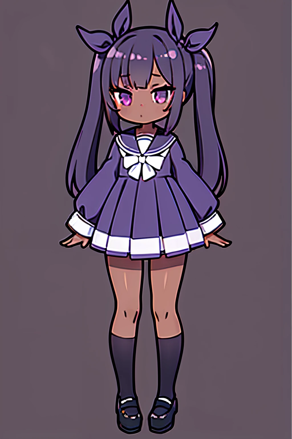 girl, 2d, anime school outfit, dark skin, 2 ponytails, purple eyes, black shoes, show legs, full body