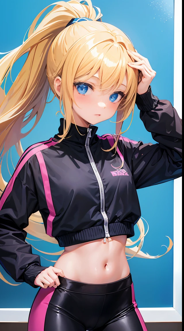 17 year old, 1girl, anime style, skinny body, Anime girl wearing sport bra with cover up jacket, leggings, light golden long ponytail hair, blue eyes colour, pose picture of her cute pose, straight on inside the gym, anime art wallpaper, detailed, 8k, high quality