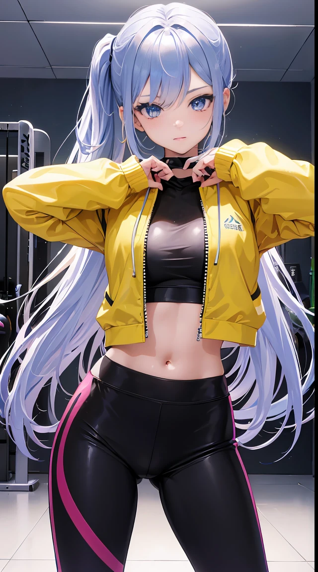 , 1girl, anime style, skinny body, Anime girl wearing sport bra with cover up jacket, leggings, light golden long ponytail hair, blue eyes colour, pose picture of her cute pose, straight on inside the gym, anime art wallpaper, detailed, 8k, high quality