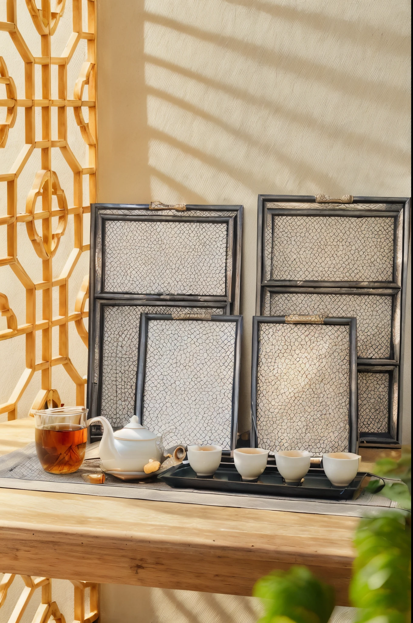 There are four cups and a tray on the table, Chinese bamboo tea set, 4l, Intricate details in the frame, afternoon sunlight, complex collection, Morning sun, beautiful sunny day, arte mista, morningglow, Sunny morning, gujian, complex quality, inspired by Li Di, late afternoon sun, daoshi, sun light, Midday sun, designer art