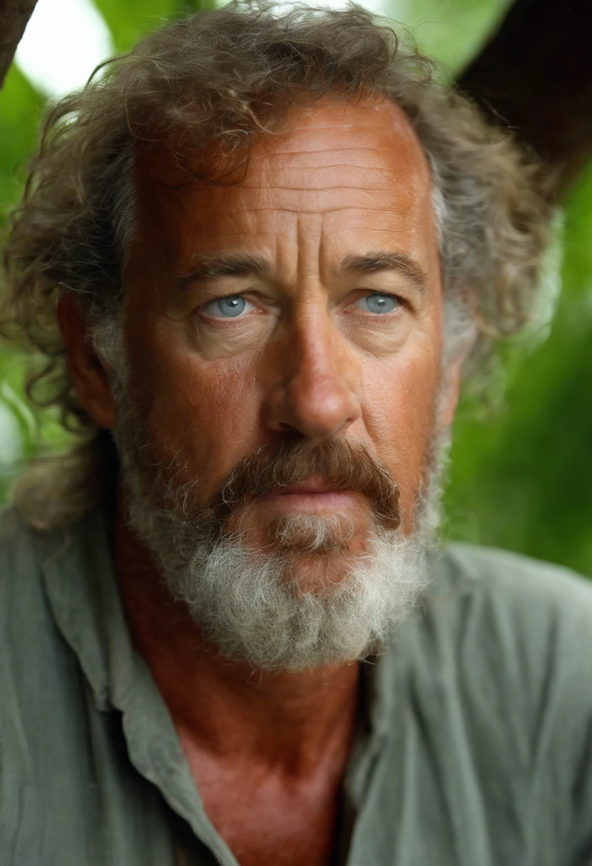 A close-up of a freshly caught fish sizzling over an open flame,Cast Away (2000),Chuck Noland, portrayed by Tom Hanks in the film “Cast Away,” is currently stranded on a deserted island in the Pacific Ocean. Sunburnt and bearded, with long, unkempt hair, his physical condition reflects the harsh realities of island survival.