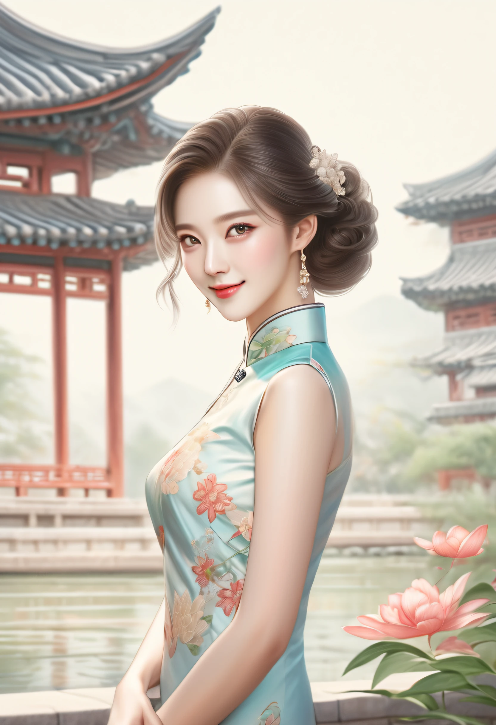 Highly detailed CG Unity 8K wallpaper, top quality, Super detailed, table top, realistic, photo-realistic, Highly detailed cute girl, 40 years old, ,, Upper body , ,Huge ,black eye,Cheongsam in bright colors,smile,big ass,big breasts,Japanese,Fluttering china clothes,sexy,Slut,luxurious palace,sex appeal