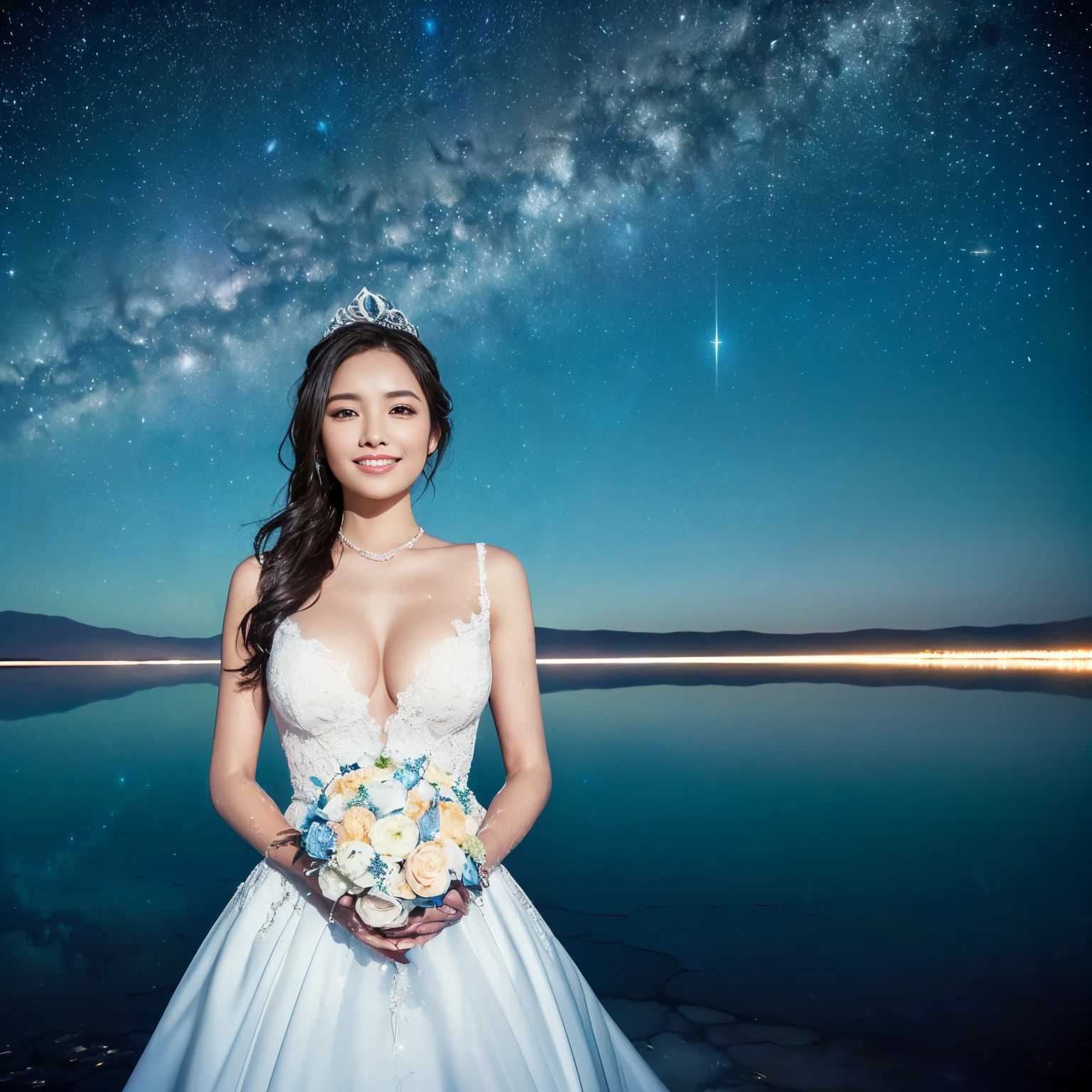 ((top-quality、masutepiece、8K、Top image quality、SFW))、(Upper body photo of beautiful woman:1.5)、(((italian bride、1 bride、huge and luxurious wedding dress、Giant Tiara、Wedding bouquet、big wedding lace、beautiful wedding lace、perfect bride)))、(Salar de Uyuni perfectly reflects the starry sky:1.5)、(Salar de Uyuni, a perfect reflection of the starry sky:1.5)、(Perfect shiny water surface of Salar de Uyuni:1.5)、((natta、sky at night、starrysky、shooting stars、Beautiful starry sky、night starly sky、Fantastic starry sky、Sparkling starry sky、Beautiful woman standing on the starry sky and Salar de Uyuni、perfect salt flats of uyuni、Perfect authentic Uyuni salt flats))、(cowboy shot、the best smile when you look at me、large full breasts、perfect anatomia、Perfect fingers、perfect hand