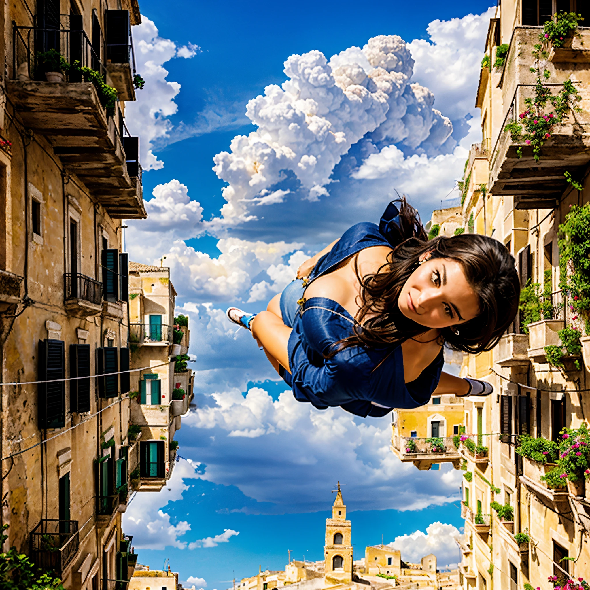 candid photorealistic panorama of Matera, Southern Italy town, a beautiful sexy woman walking in the street, day sky, cloudy sky, bottom view of woman, sassi_di_matera all around.