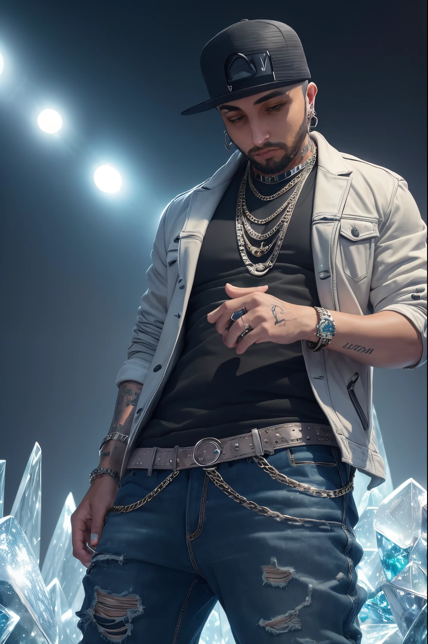 fully man surrounded by ice crystals fully clothed s with lots off vvs jewlery a wearing louis vuitton designer hip hop drip