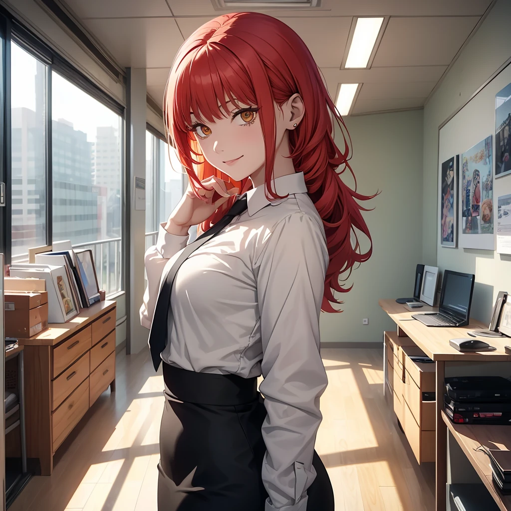 A modern office indoors, with Makima from Chainsaw Man standing alone and looking back from behind. She is dressed in a casual shirt, pencil skirt, and pantyhose. She has red hair with bangs and wears a kind smile, with a touch of blush on her cheeks. The artwork should be of the highest quality, resembling a masterpiece, with ultra-detailed features.