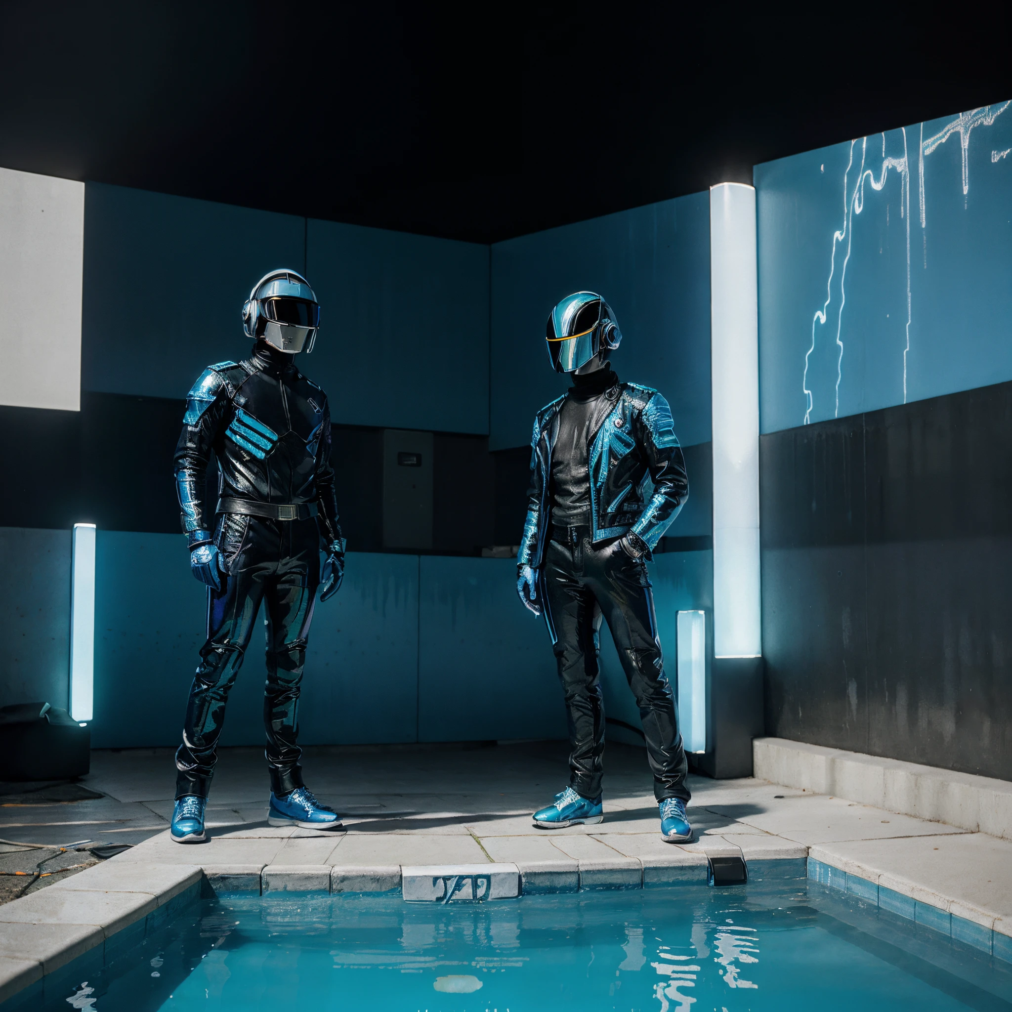 Iridiscent ice blue metallic sculpture of Daft Punk. Background is a liminal swimming pool. Hyper realistic, 8K, Masterpiece, Painting, realistic, Neon lights in background. Dramatic. Film poster effect. Retro effect, fujifilm camera look.