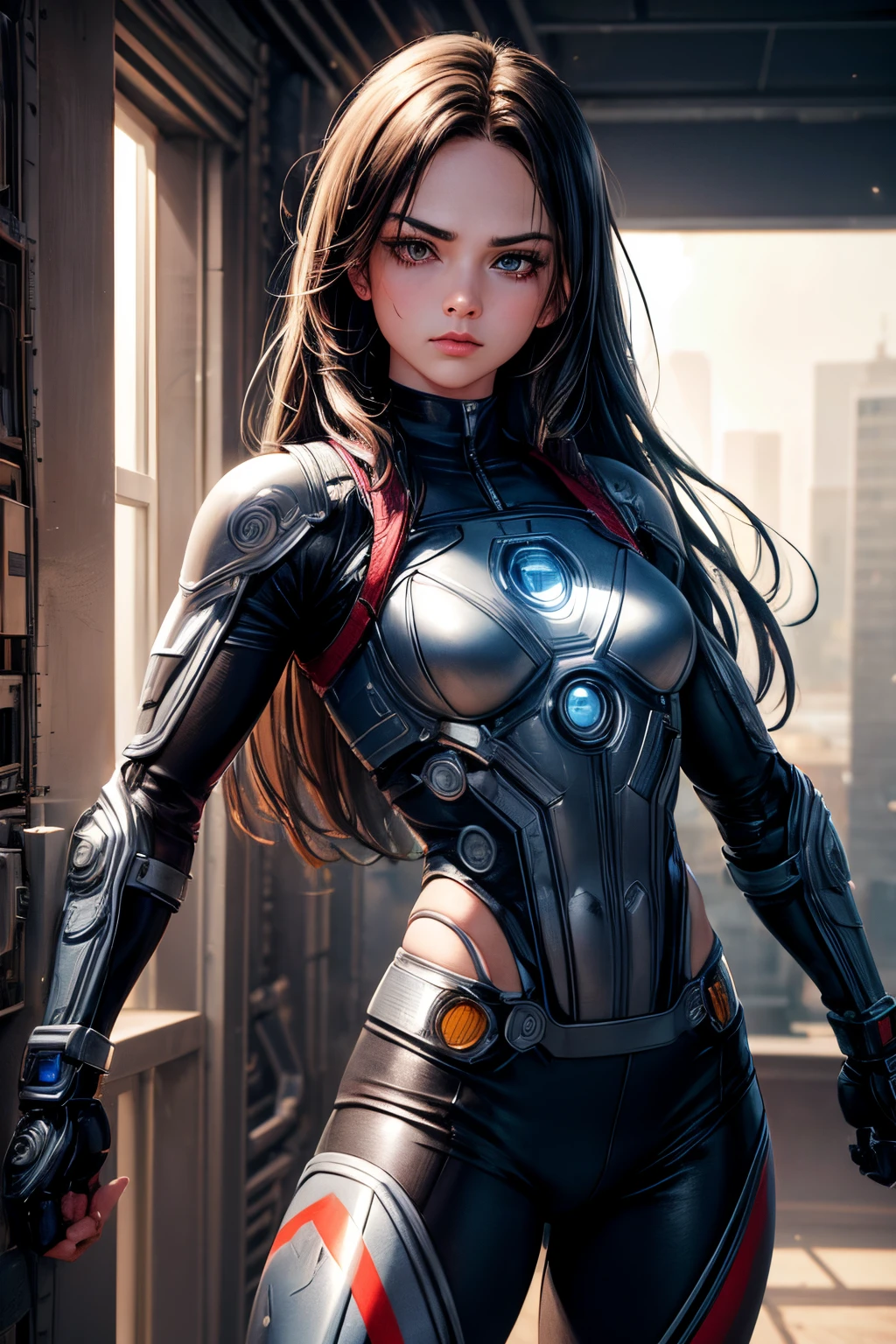 girl, comic accurate Bucky Barnes costume, resporator, faceplate, cyborg, mechanical left arm, metal left arm,  combat stance, highly detailed, vibrant appearance, creative behavior, imaginative, sensual, spontaneous, small breasts, sexi, highest quality, skin texture, intricate details, (cinematic lighting), RAW photo, 8k, masterpiece,best quality,ultra-detailed,very detailed illustrations,extremely detailed,intricate details,highres,super complex details,extremely detailed 8k cg wallpaper,