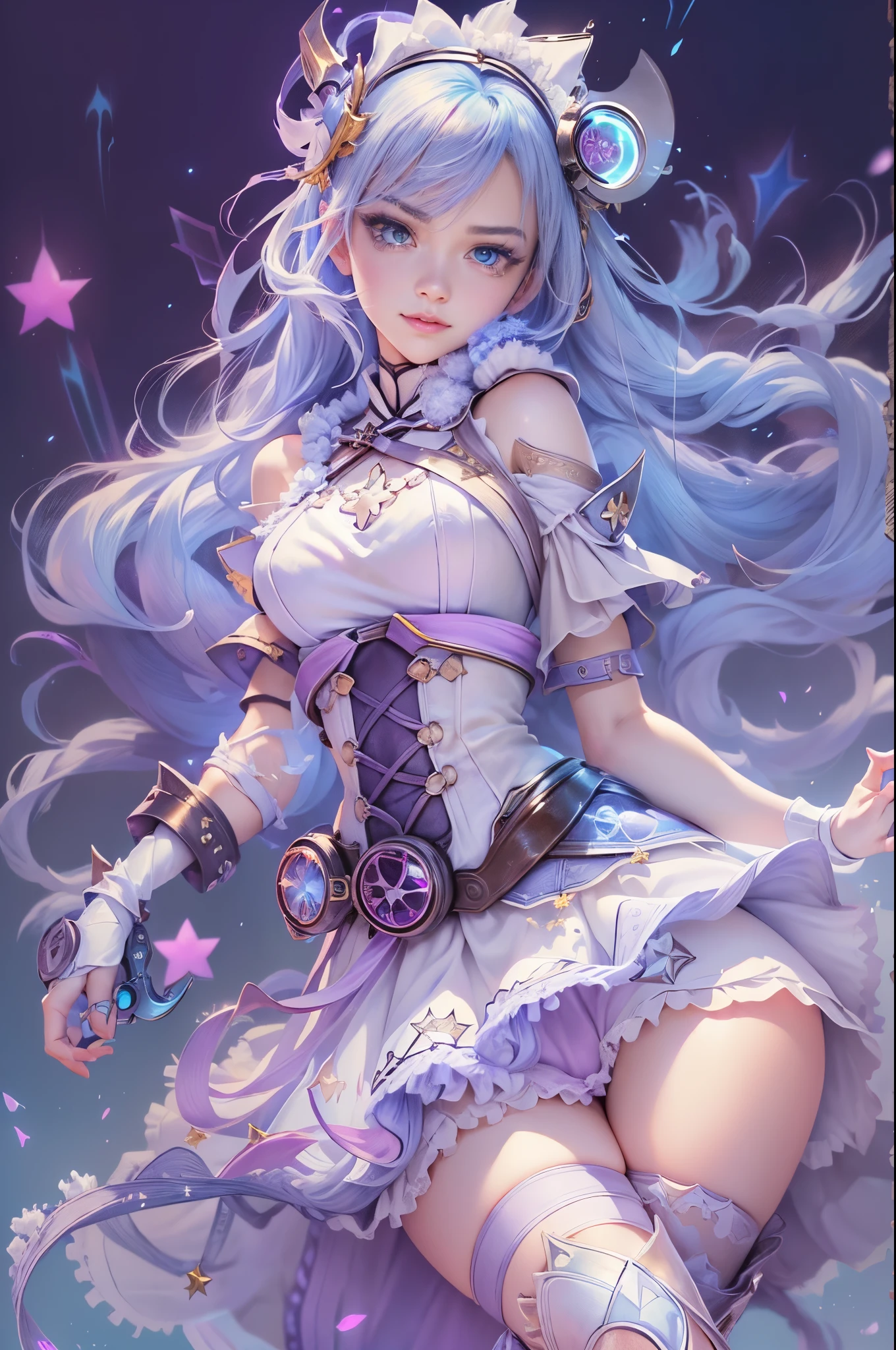 jinxlol, (full bodyesbian, Legs and shoes are visible: 1.2)), Expressive eyes, 1girl, pale-skinned, long whitr hair, The wind blows hair, ((Ridiculously long hair)), Long side lock, hime bangs, Hairline, hair-bun, ((Very long double ponytail, dark-blue hair,)), Be red in the face, His face was flushed, big shiny lavender eyes, (Gradient eyes), mouth open smile, Cute pose, ((With a revolver: 1.5)) , ((Lovely soft fashion)) , Flowing soft white dress, ((Fantasy white open dress)), (Floating ribbons), lavender ruffles, White frills, (Light blue lace), detached short sleeves, Puffy skirt, ((White star print skirt : 1.3)), ((White Lolita dress)), Purple bow, ((Pompom ribbon hair ornament : 1.4)), striped lace stockings, (Heart shaped leg garters), (White mechanical armor plastic shoes: 1.2), ((Super detailed clothing and fashion)) , ((looking at you)), League of legends game girl, Be red in the face, (美丽细致的眼睛), (extremely detaild的 CG unified 8k wallpapers), ((Extremely Delicately Beautiful)), (detailedlight), ((depth of fields)) big headed, sparkling big eyes, sprout, Splash ink art, 电影灯光, Frontal view, Volumetriclighting, Maxism, photoillustration, 8k, A high resolution, intricately details, complex critical vision, Precise linearity, ((Against the background of a dreamy soft sky, Surrounded by starry clouds, meteors, castle in the clouds)), ((Ultra detailed scenery, Fog clouds, inner strength : 1.3)), jinx \(league of legends\), ((The picture is very bright，bright，high saturated))