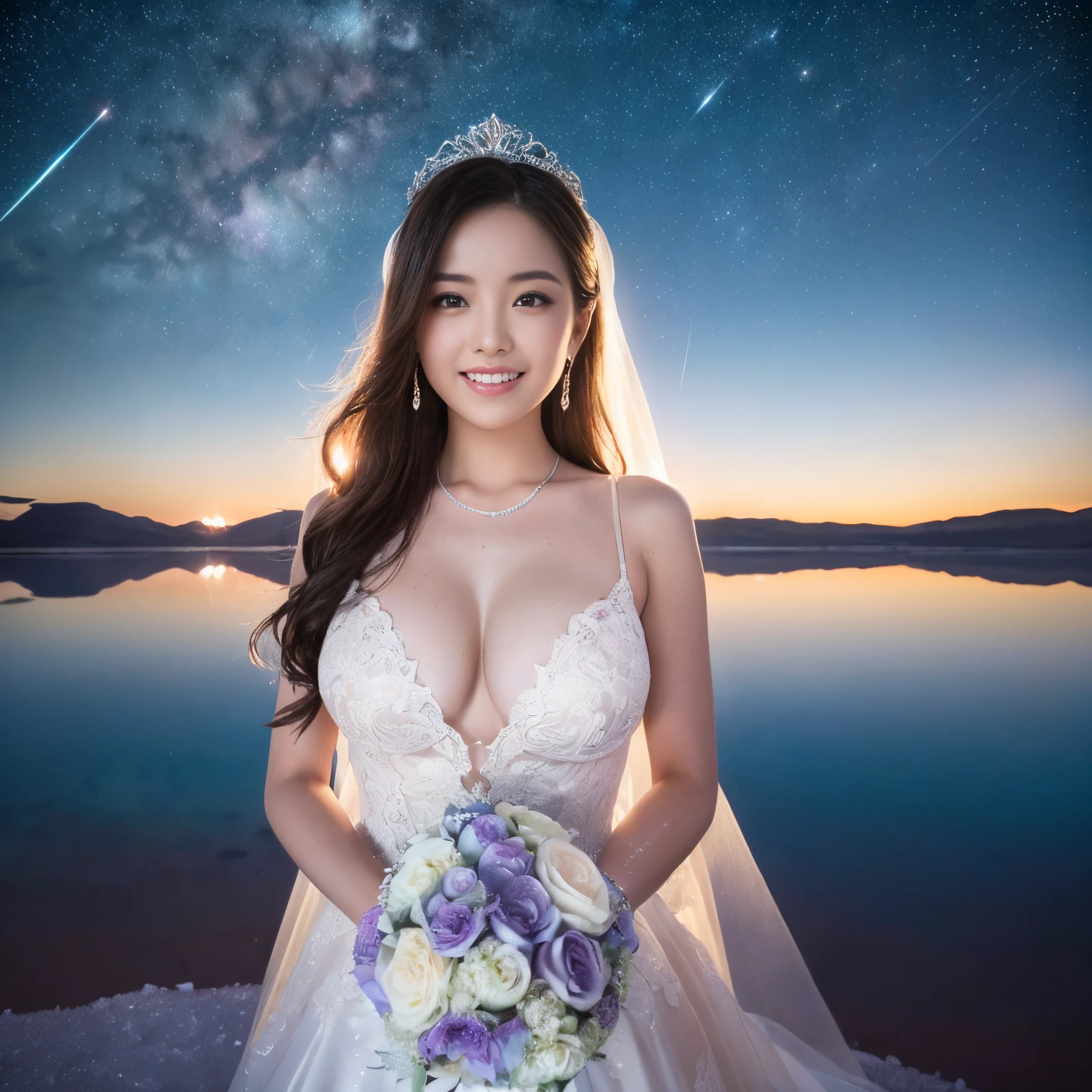 ((top-quality、masutepiece、8K、Top image quality、SFW))、(perfect bride upper body photo:1.5)、(((spanish bride、1 bride、huge and luxurious wedding dress、Giant Tiara、Wedding bouquet、big wedding lace、beautiful wedding lace、perfect bride)))、(Salar de Uyuni perfectly reflects the starry sky:1.5)、(Salar de Uyuni, a perfect reflection of the starry sky:1.5)、(Perfect shiny water surface of Salar de Uyuni:1.5)、((natta、sky at night、starrysky、shooting stars、Beautiful starry sky、night starly sky、Fantastic starry sky、Sparkling starry sky、Beautiful woman standing on the starry sky and Salar de Uyuni、perfect salt flats of uyuni、Perfect authentic Uyuni salt flats))、(cowboy  shot、the best smile when you look at me、large full breasts、perfect anatomia、Perfect fingers、perfect hand