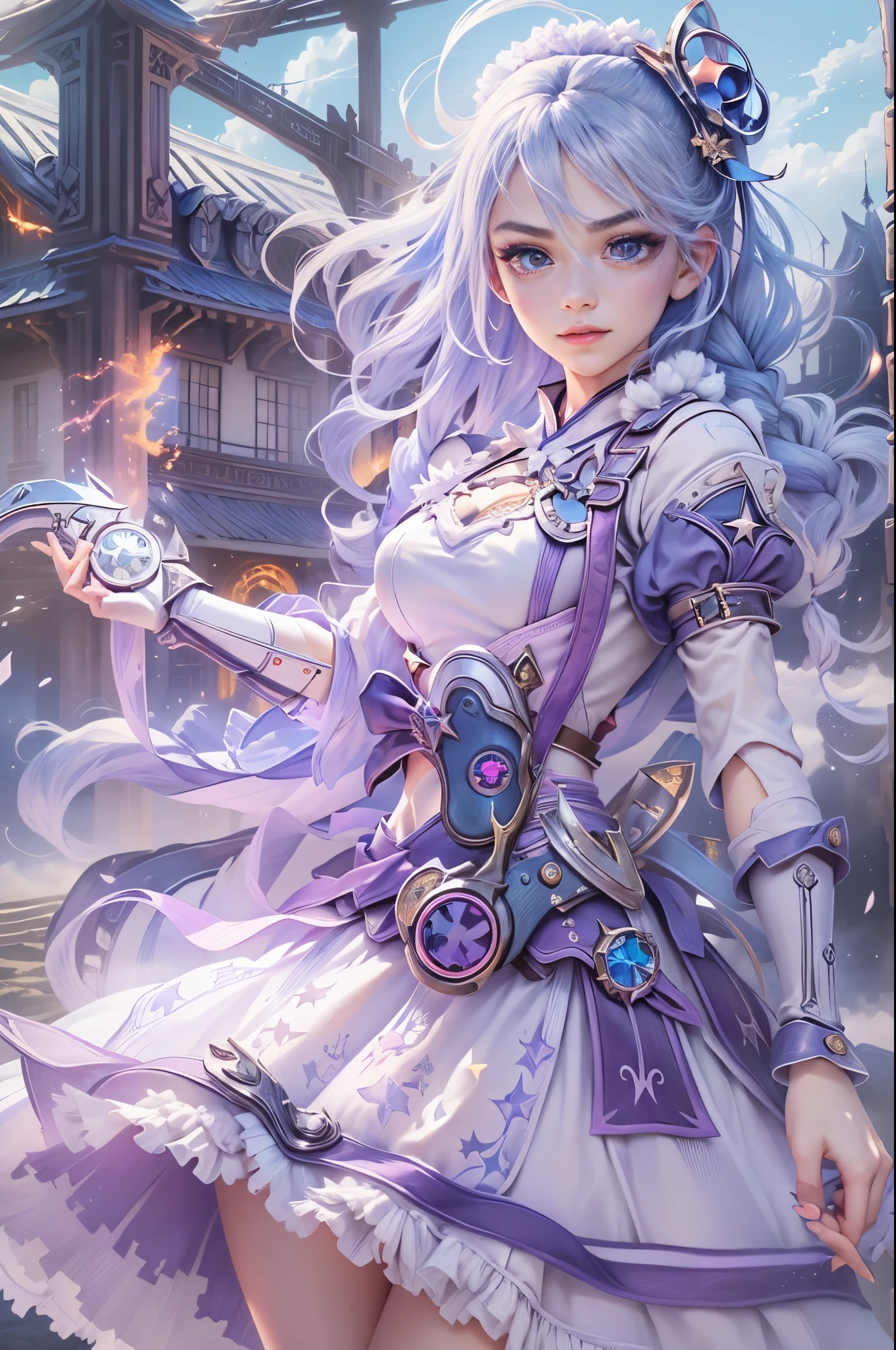 jinxlol, (full bodyesbian, Legs and shoes are visible: 1.2)), Expressive eyes, 1girl, pale-skinned, long whitr hair, The wind blows hair, ((Ridiculously long hair)), Long side lock, hime bangs, Hairline, hair-bun, ((Very long double ponytail, dark-blue hair,)), Be red in the face, His face was flushed, big shiny lavender eyes, (Gradient eyes), mouth open smile, Cute pose, ((With a revolver: 1.5)) , ((Lovely soft fashion)) , Flowing soft white dress, ((Fantasy white open dress)), (Floating ribbons), lavender ruffles, White frills, (Light blue lace), detached short sleeves, Puffy skirt, ((White star print skirt : 1.3)), ((White Lolita dress)), Purple bow, ((Pompom ribbon hair ornament : 1.4)), striped lace stockings, (Heart shaped leg garters), (White mechanical armor plastic shoes: 1.2), ((Super detailed clothing and fashion)) , ((looking at you)), League of legends game girl, Be red in the face, (美丽细致的眼睛), (extremely detaild的 CG unified 8k wallpapers), ((Extremely Delicately Beautiful)), (detailedlight), ((depth of fields)) big headed, sparkling big eyes, sprout, Splash ink art, 电影灯光, Frontal view, Volumetriclighting, Maxism, photoillustration, 8k, A high resolution, intricately details, complex critical vision, Precise linearity, ((Against the background of a dreamy soft sky, Surrounded by starry clouds, meteors, castle in the clouds)), ((Ultra detailed scenery, Fog clouds, inner strength : 1.3)), jinx \(league of legends\), ((The picture is very bright，bright，high saturated))